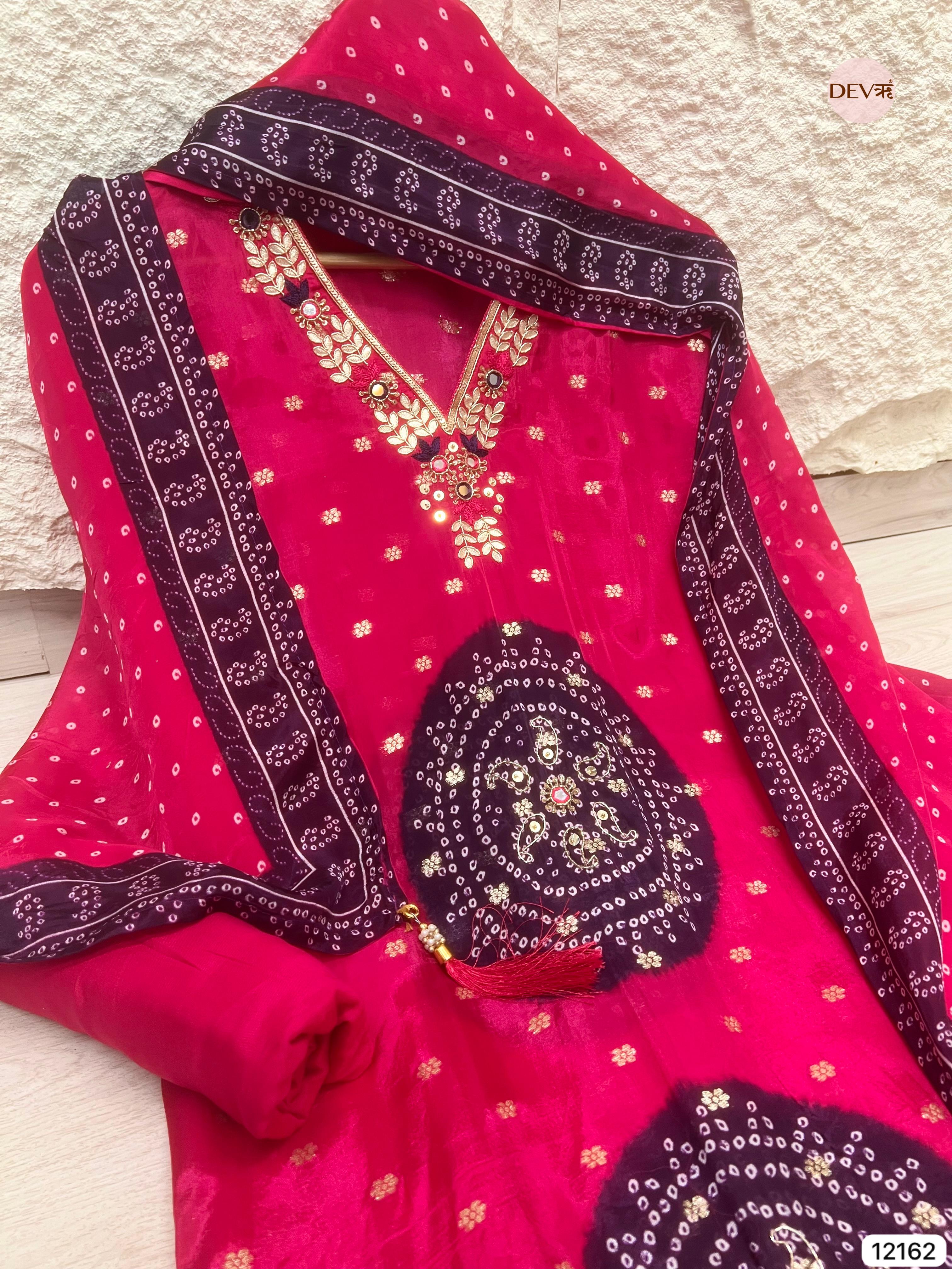 Pink Pure Shimmer Organza Silk Unstitched Banarasi Woven Bandhani Printed Hand Embroidered -Set Of 3 - {12162}