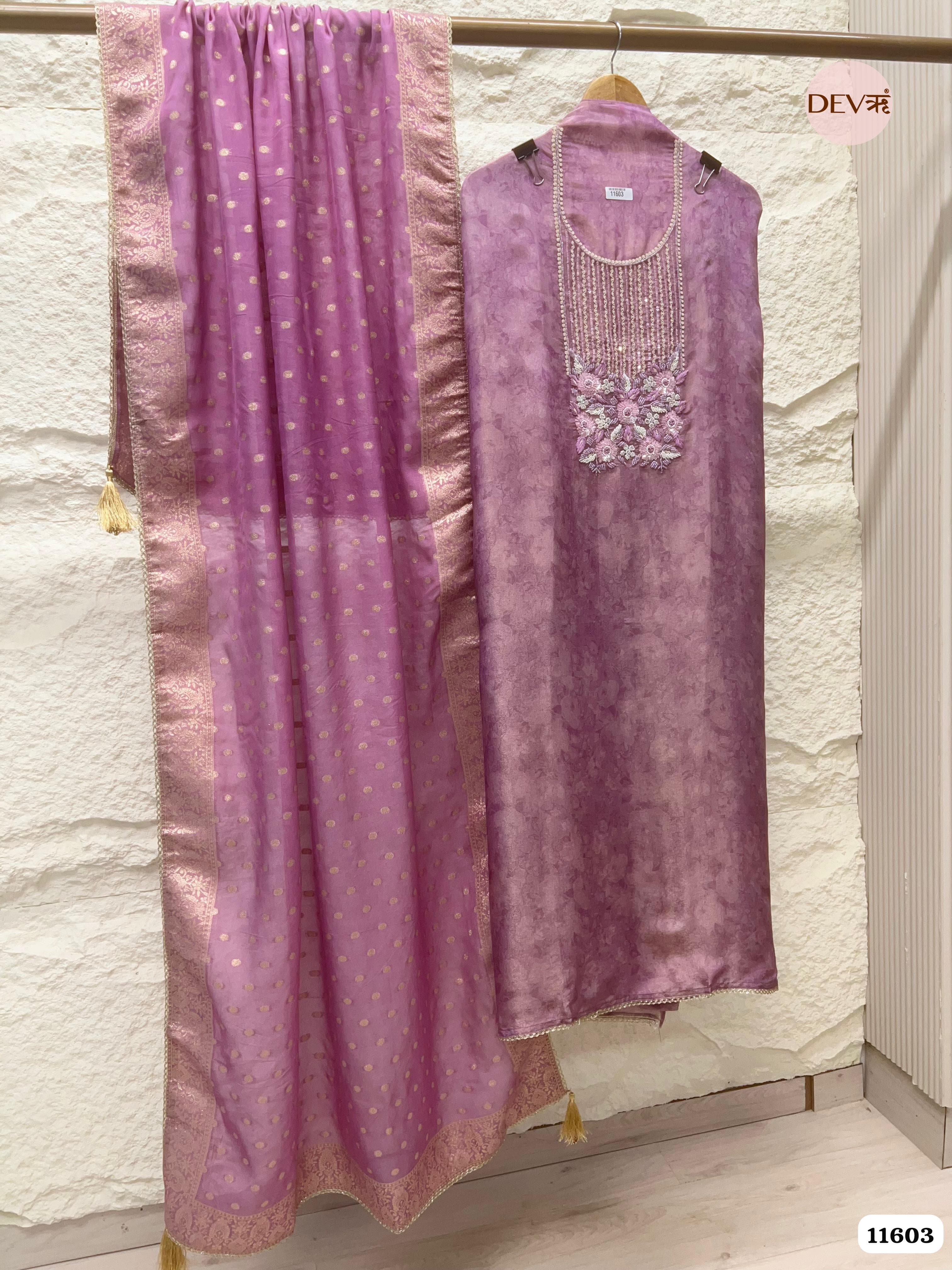 Purple Tissue Silk Unstitched Hand Embroidered -Set Of 3 {11603}