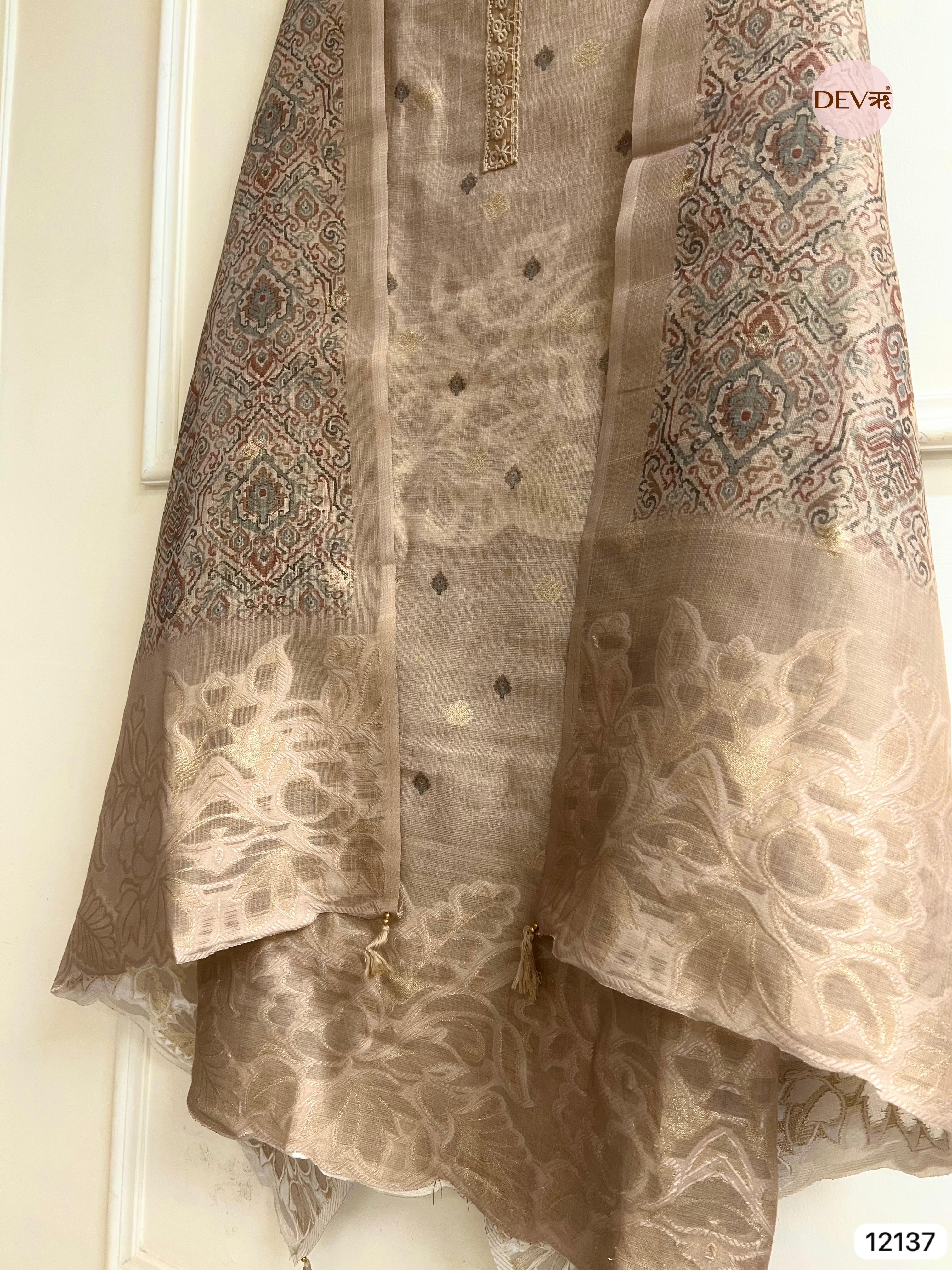 Beige Pure Jamdhani Silk Unstitched Woven Embroidered -Set Of 3 - {12137}