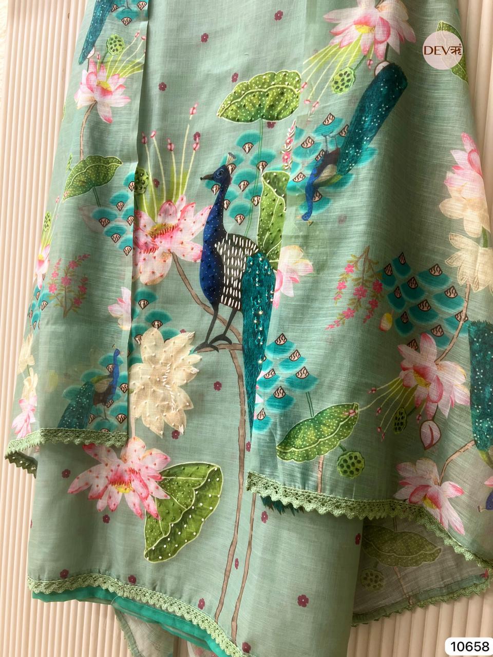 Sea Green Linen Printed Unstitched 3-Piece Suit (Devri – D.No 10658)