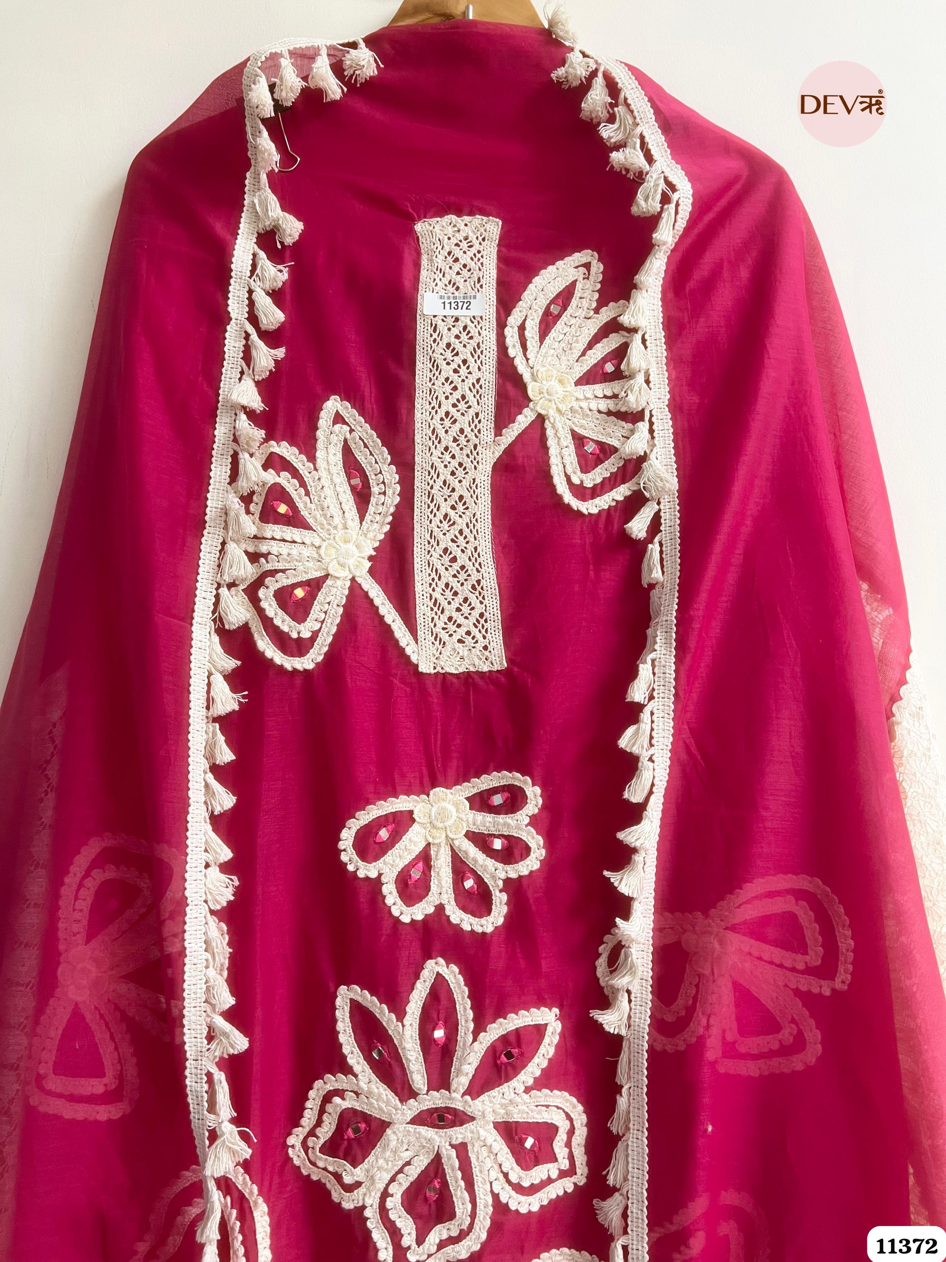 Pink Mul Chanderi Unstitched Hand Embroidered -Set Of 3 {11372}