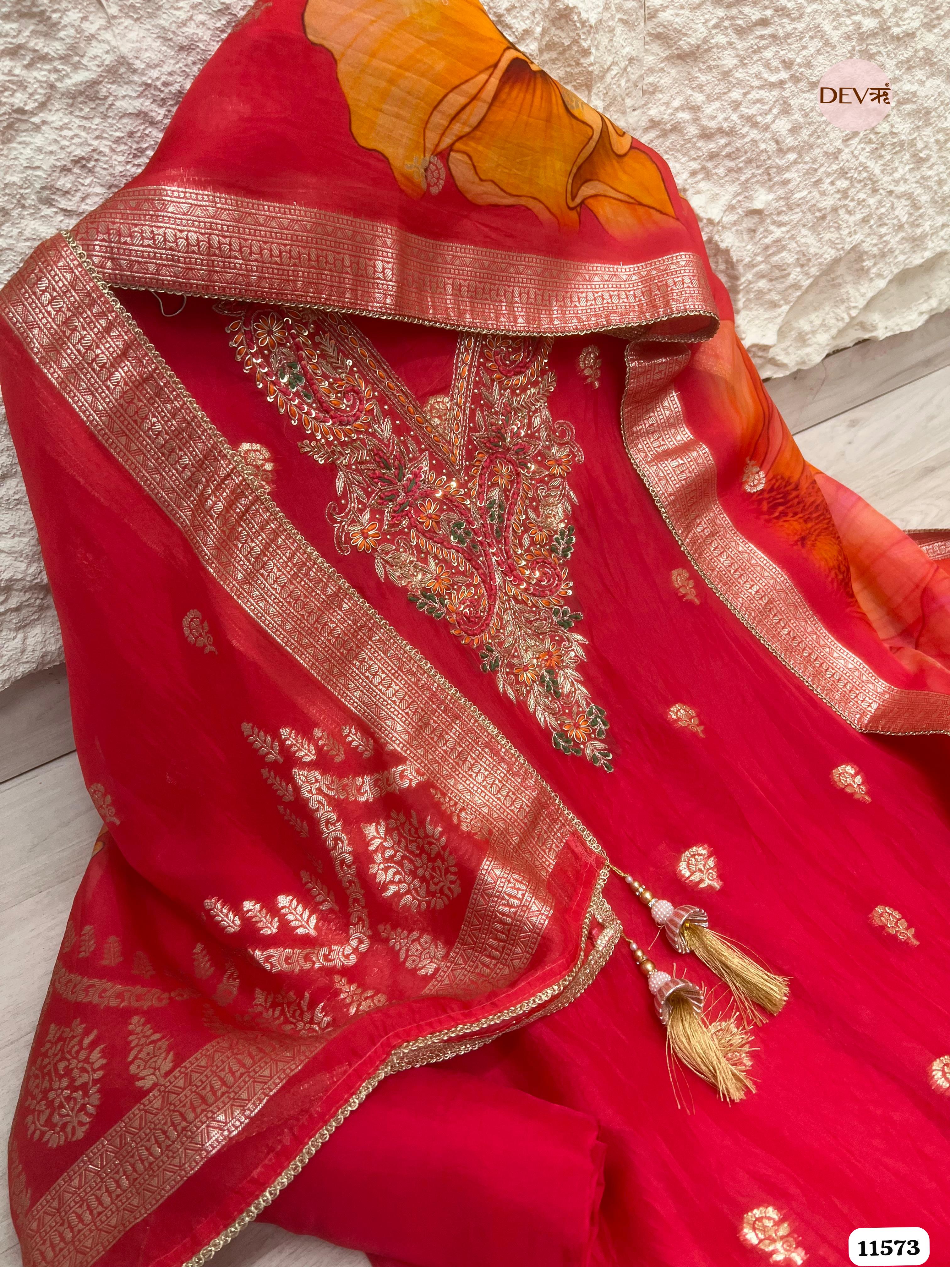Red Pure Organza Silk Unstitched Banarasi Weave Hand Embroidered -Set Of 3 {11573}