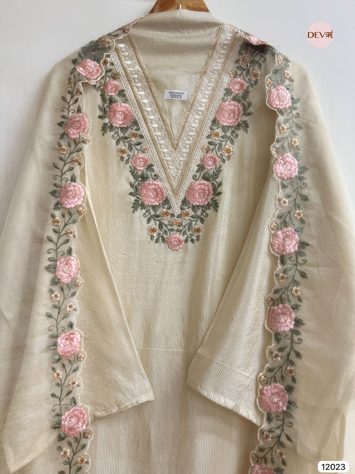 Off White Tissue Shimmer Silk Semi Stitched Embroidered -Set Of 3 - {12023}
