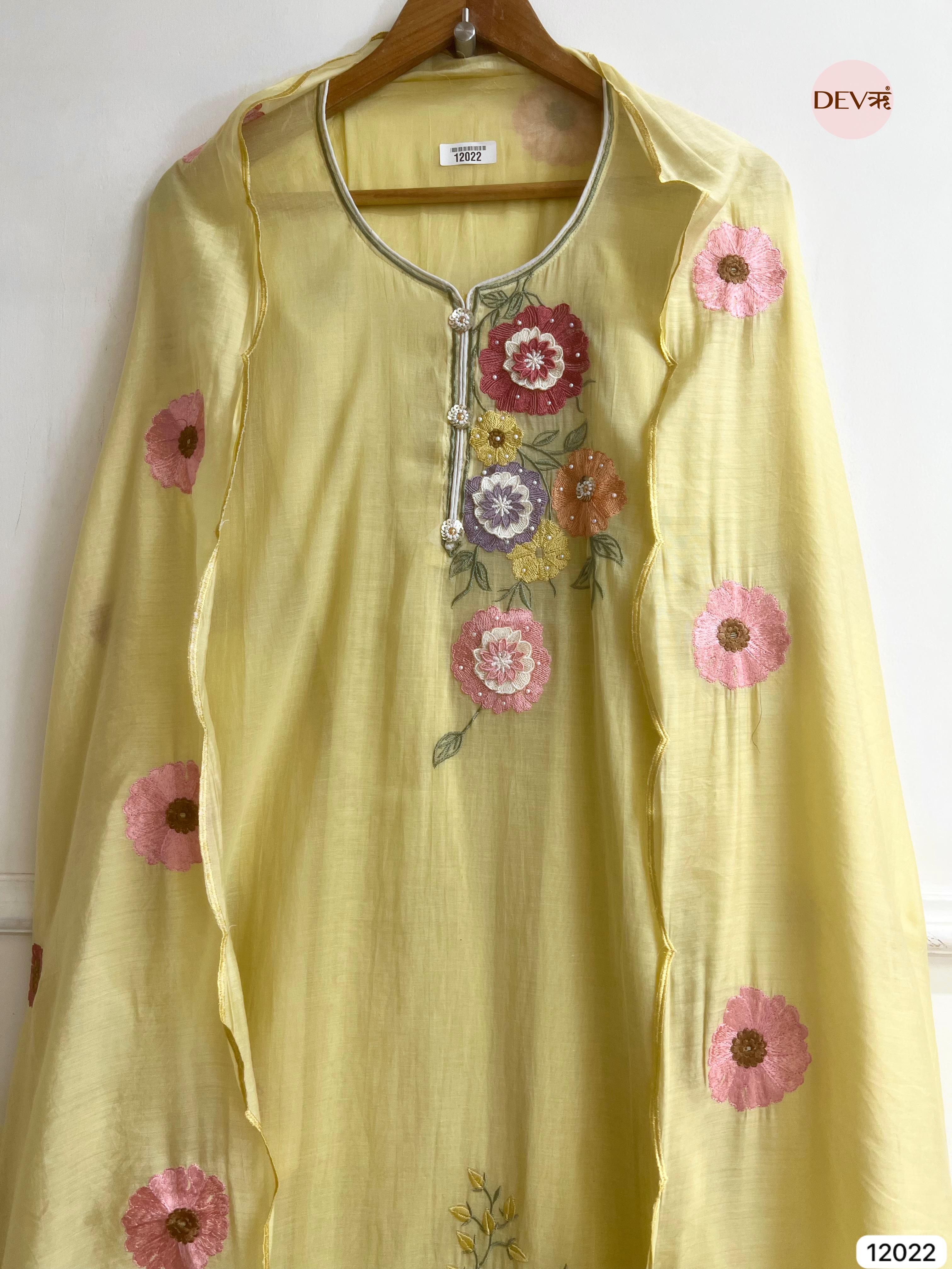 Yellow Pure Mul Chanderi Unstitched Embroidered -Set Of 3 - {12022}