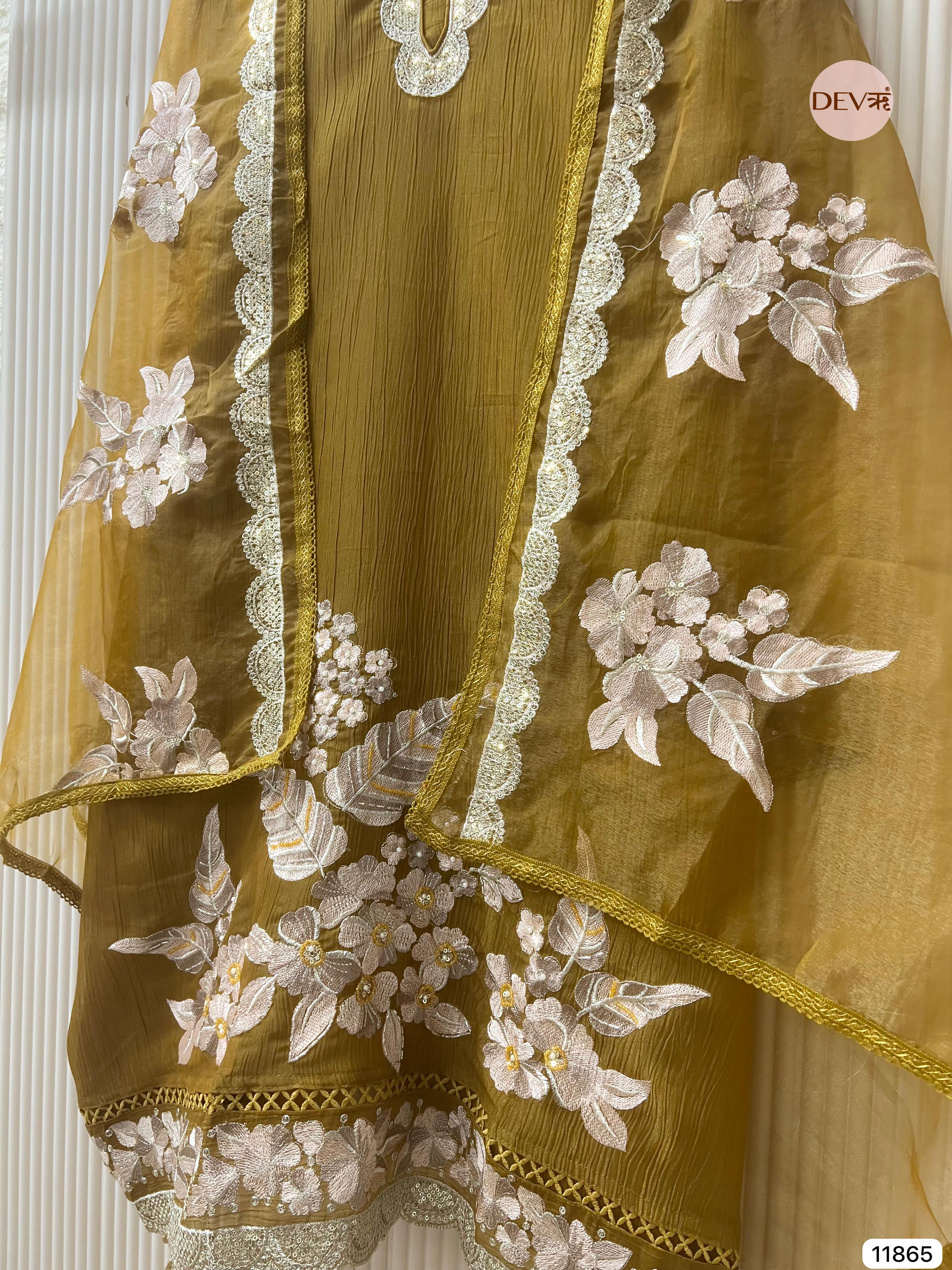 Golden Brown Tissue Crush Silk Unstitched Embroidered -Set Of 3 - {11865}