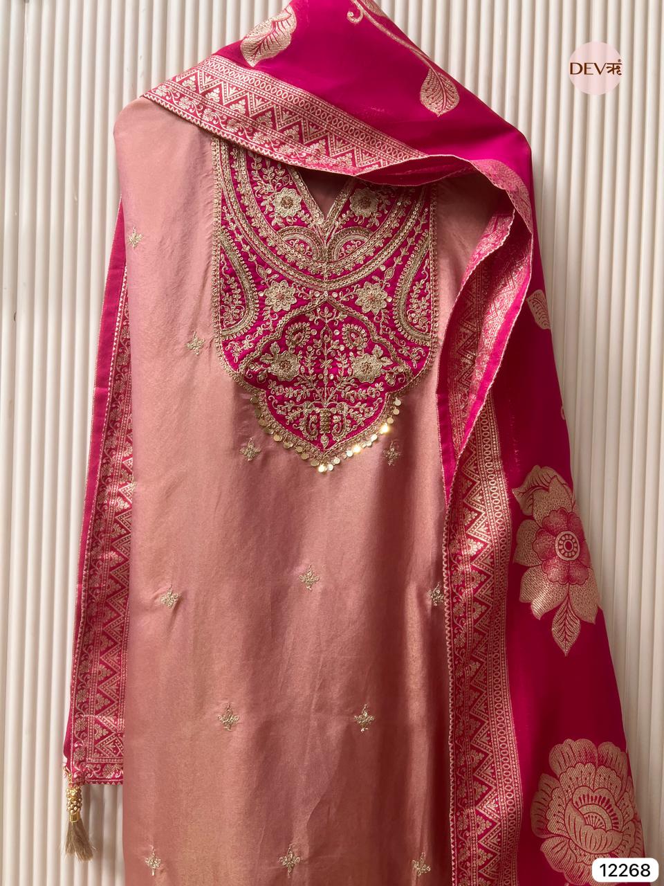 Rose–Rani Tissue Shimmer Silk Embroidered Unstitched 3-Piece Suit (Devri – D.No 12268)