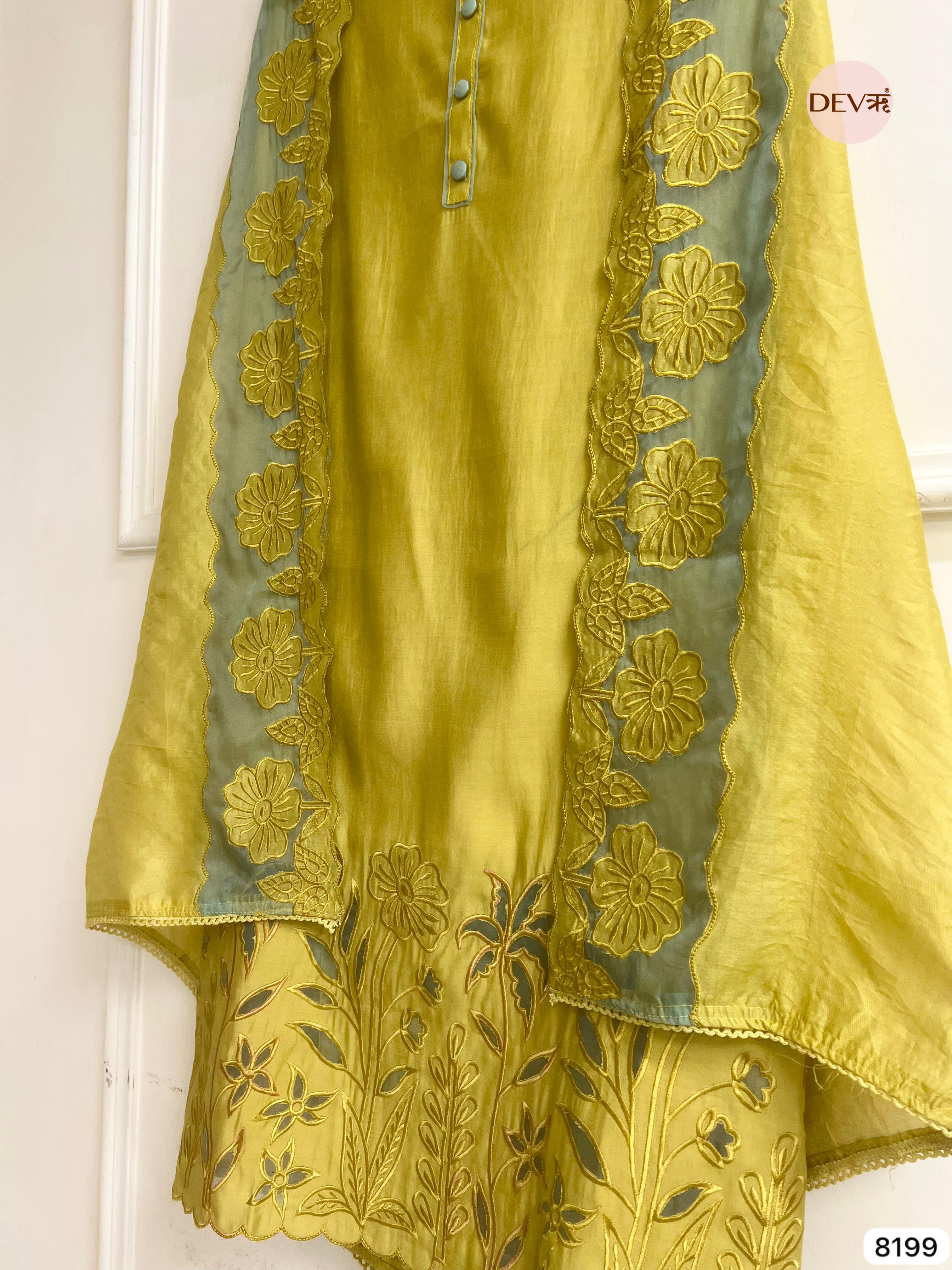 Yellow Modal Silk Unstitched Embroidered -Set Of 3 - {8199}
