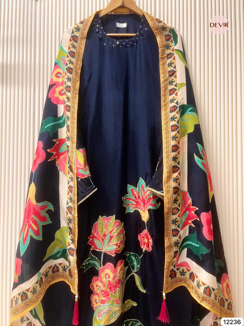 Navy Pure Glass Organza Printed Unstitched 3-Piece Suit (Devri – D.No 12236)
