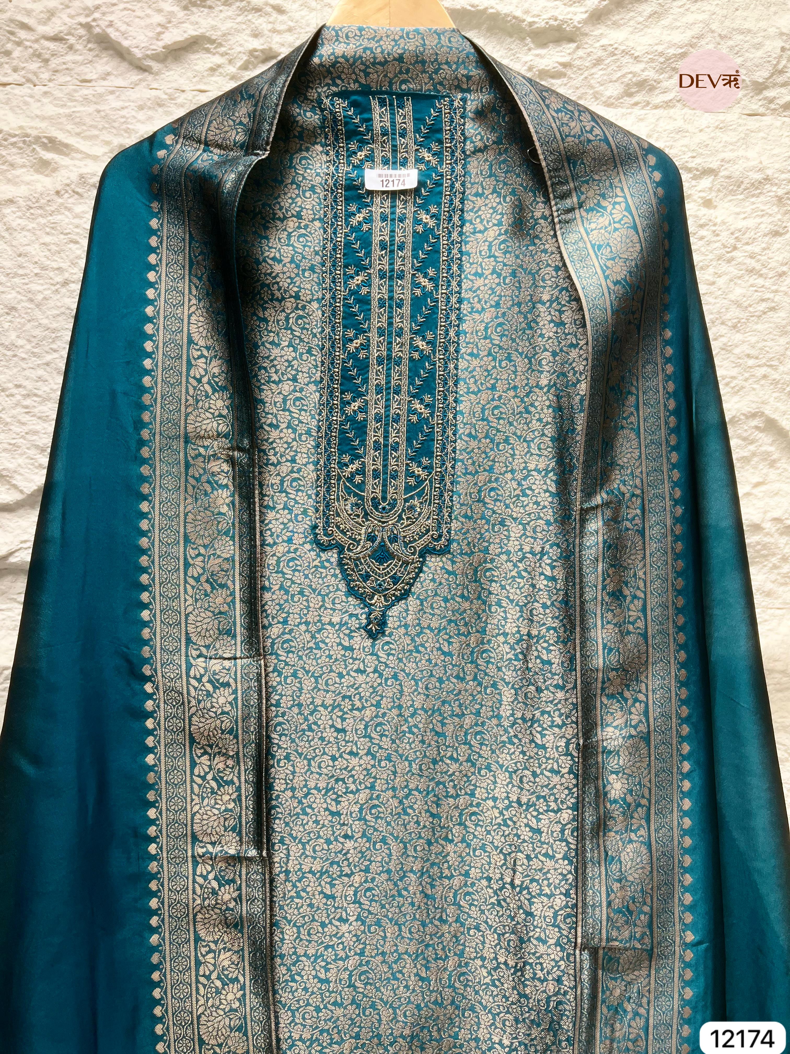 peacock Blue Pure Banarasi silk Unstitched Hand Embroidered -Set Of 3 - {12174}
