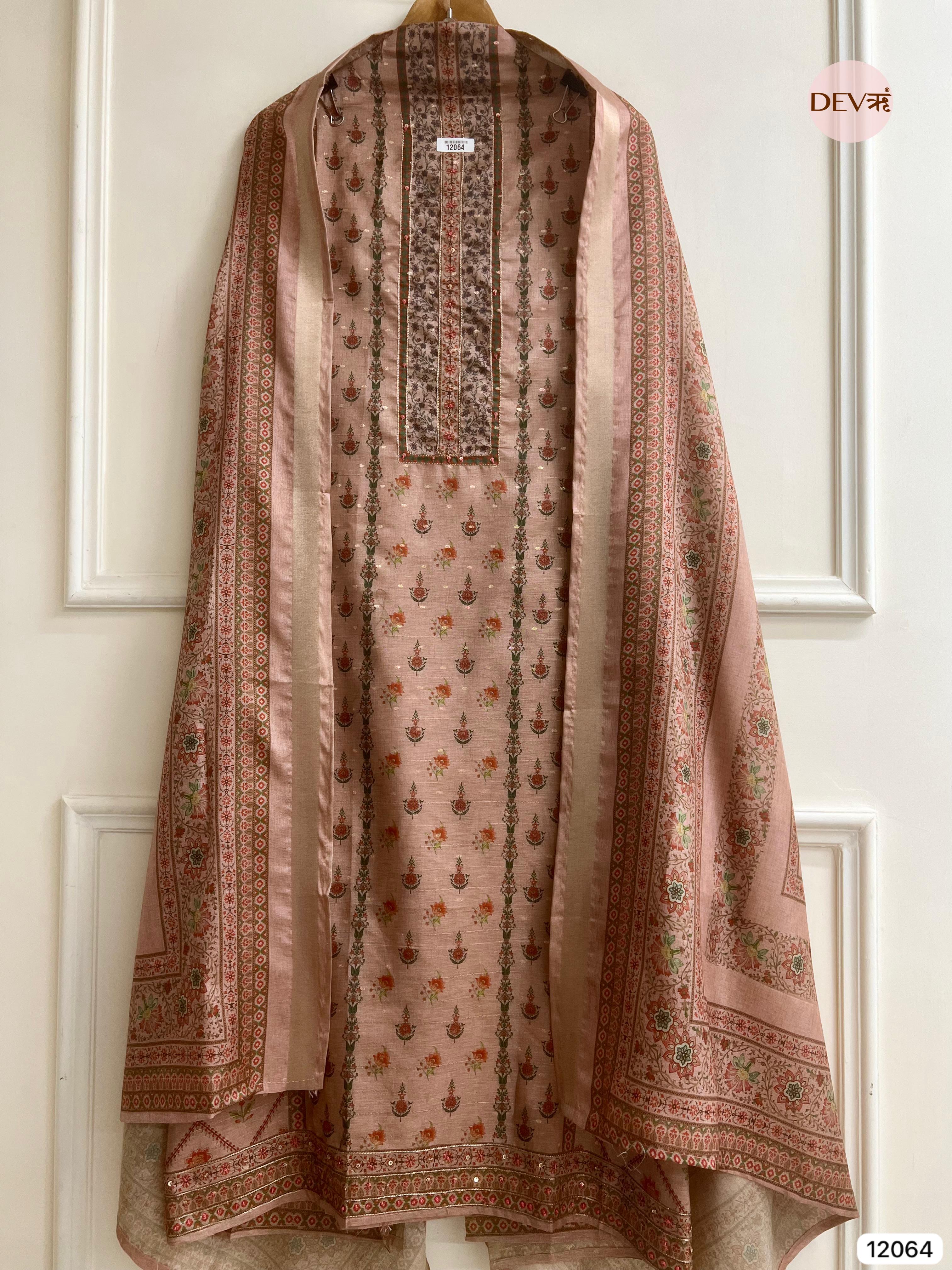 Brown Raw Handloom Silk Unstitched Designer Printed With Hand Embroidery -Set Of 3 - {12064}