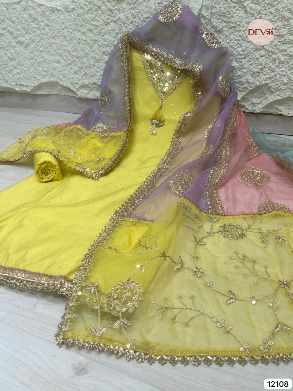 Yellow Pure Shimmer Tissue Silk Unstitched Hand Embroidered -Set Of 3 - {12108}
