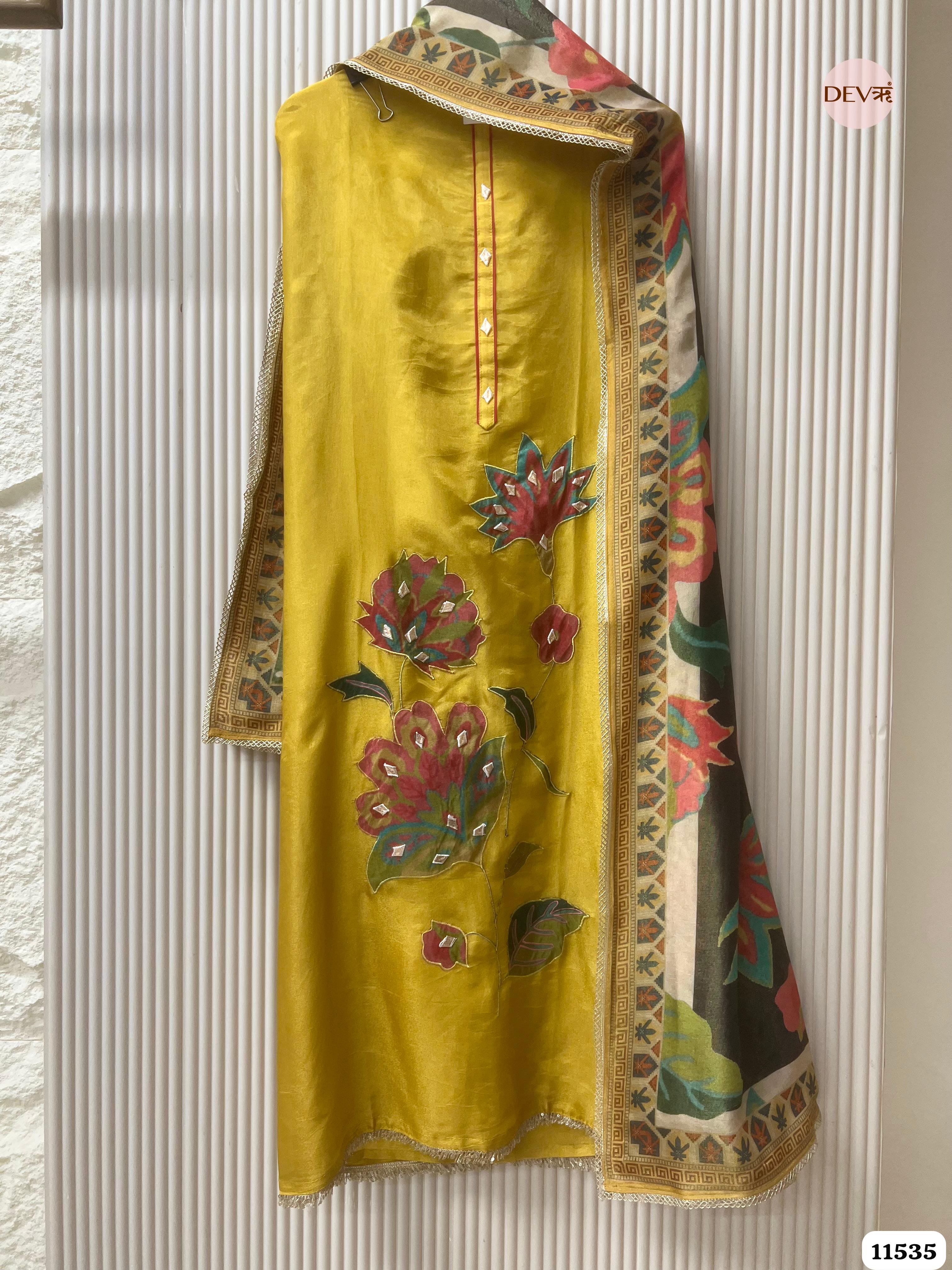 Yellow Tissue Silk Unstitched Applique Work Hand Embroidered -Set Of 3 {11535}