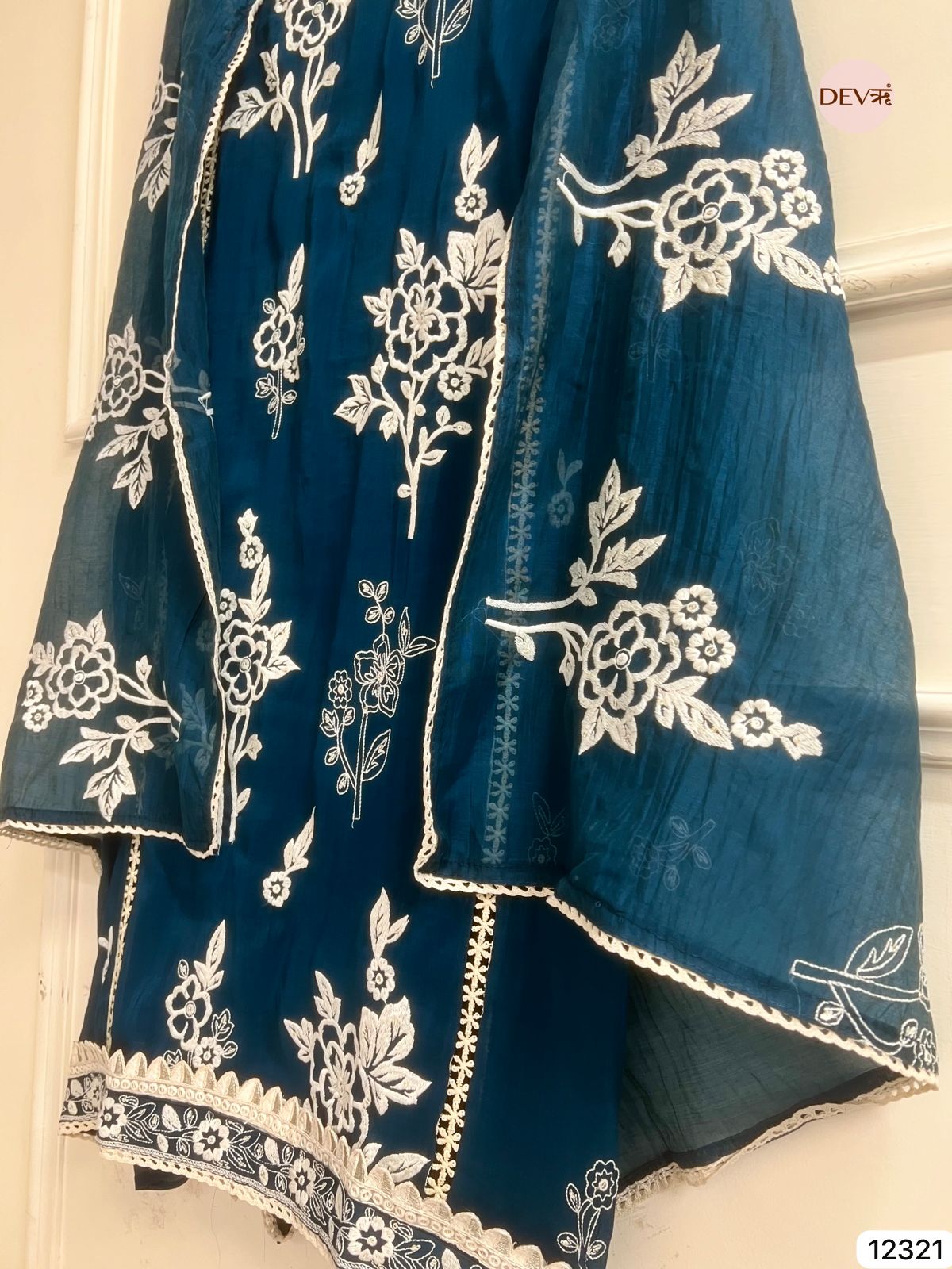 Peacock Blue Mul Chanderi Embroidered Unstitched 3-Piece Suit (Devri – D.No-12321)