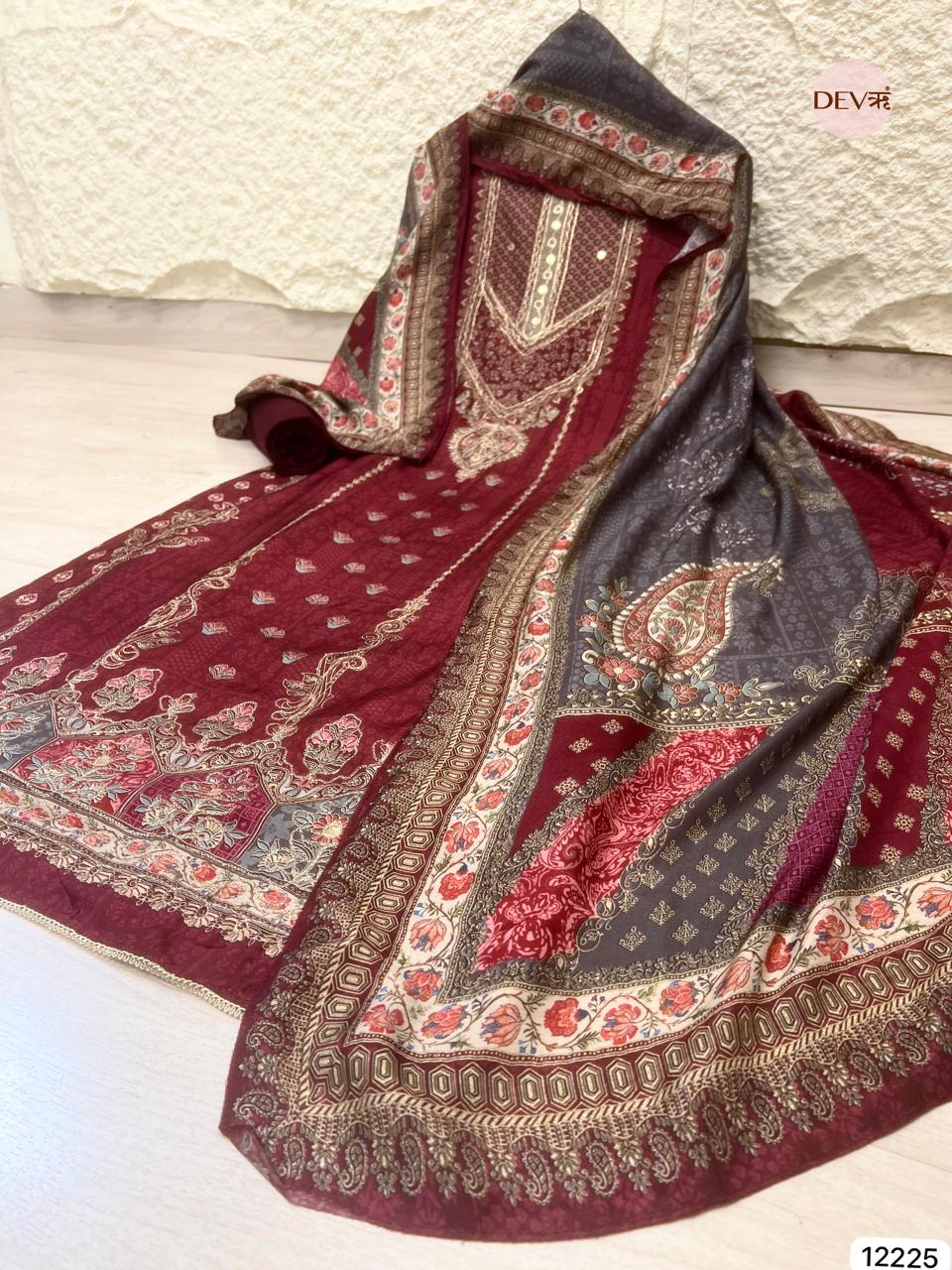 Maroon Pure Muslin Printed Unstitched 3-Piece Suit (Devri – D.No 12225)