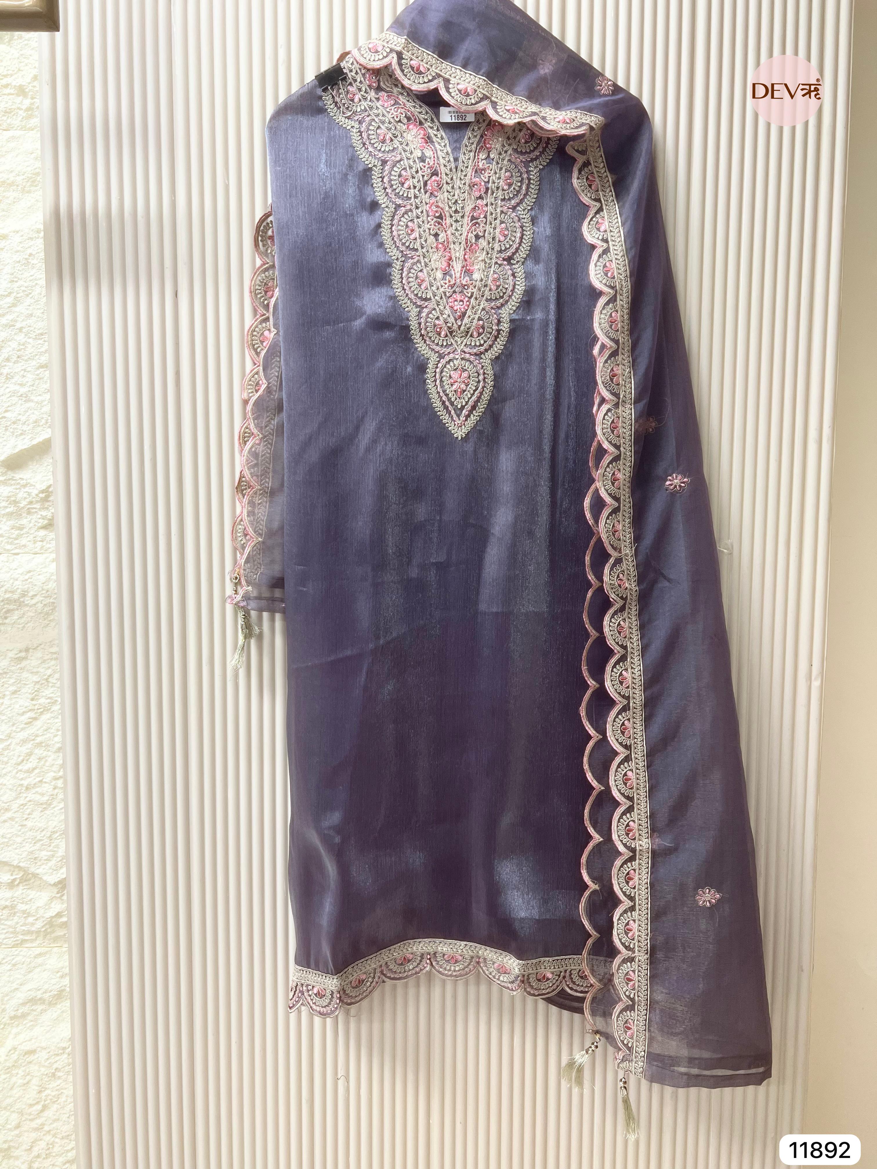 Purple Tissue Shimmer Silk Unstitched Printed Embroidered -Set Of 3 - {11892}