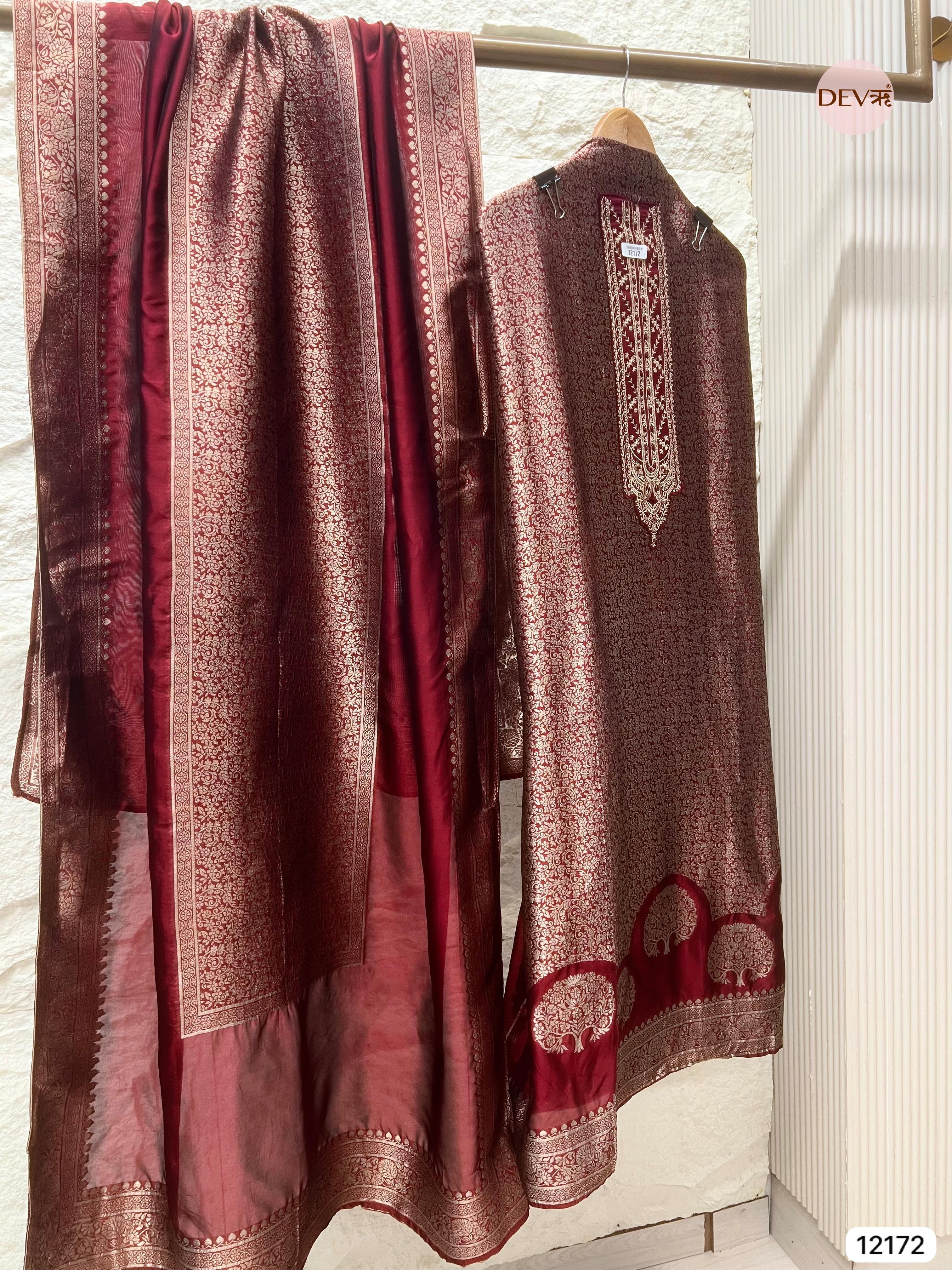 Maroon Pure Banarasi Silk Unstitched Hand Embroidered -Set Of 3 - {12172}
