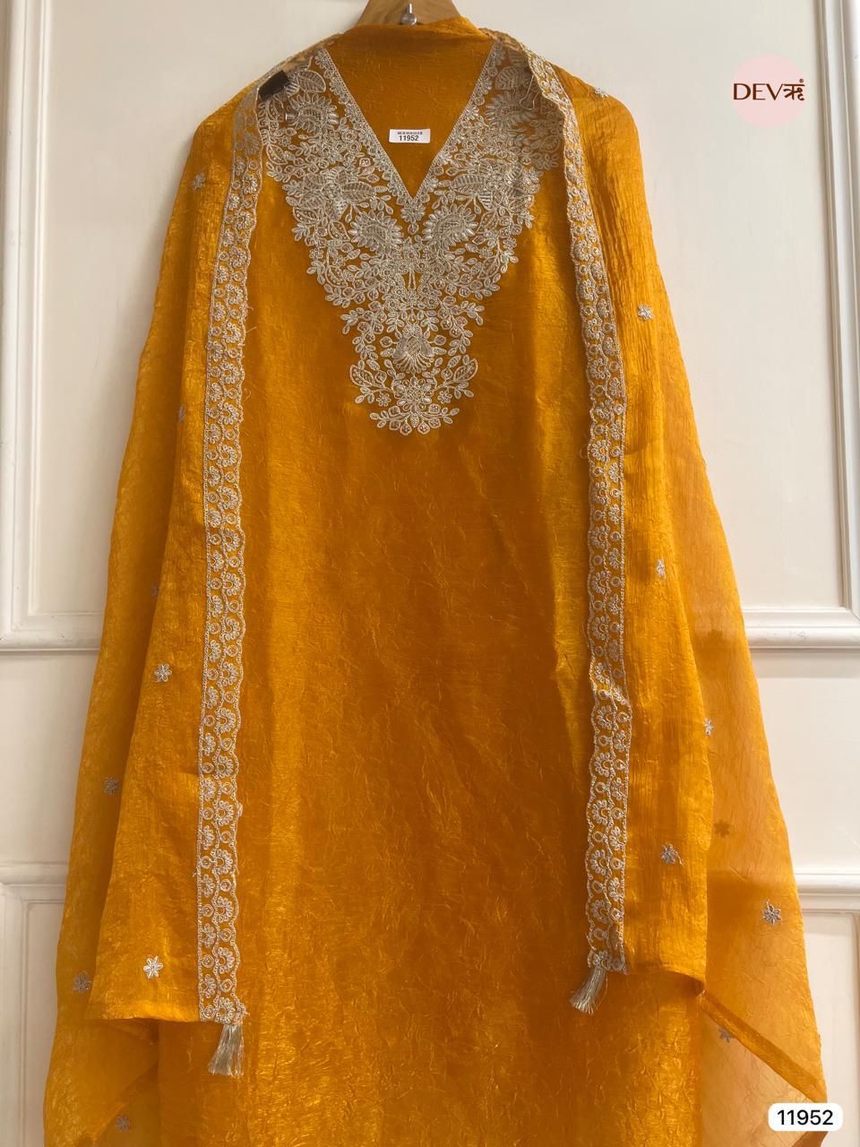 Mustard Crush Tissue Embroidered Unstitched 3-Piece Suit (Devri – D.No 11952)
