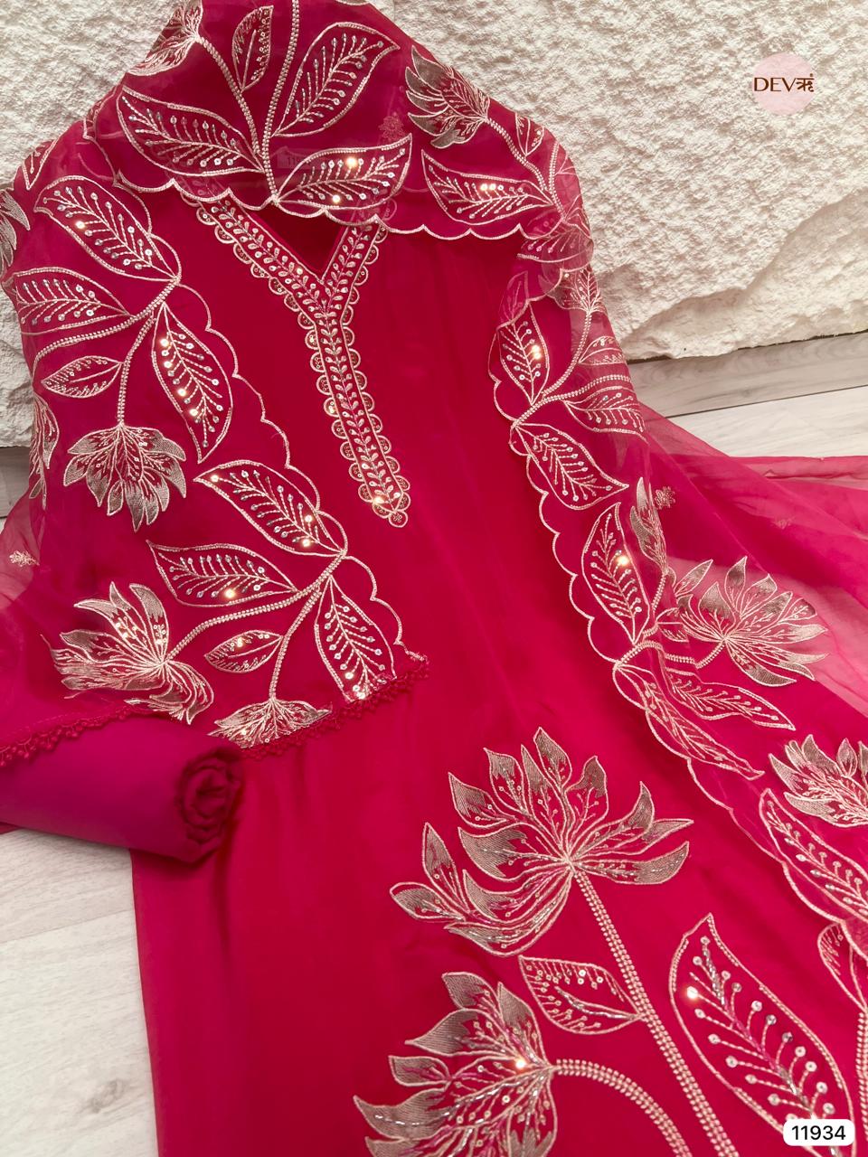 Pink Glass Tissue Silk Unstitched Embroidered -Set Of 3 - {11934}