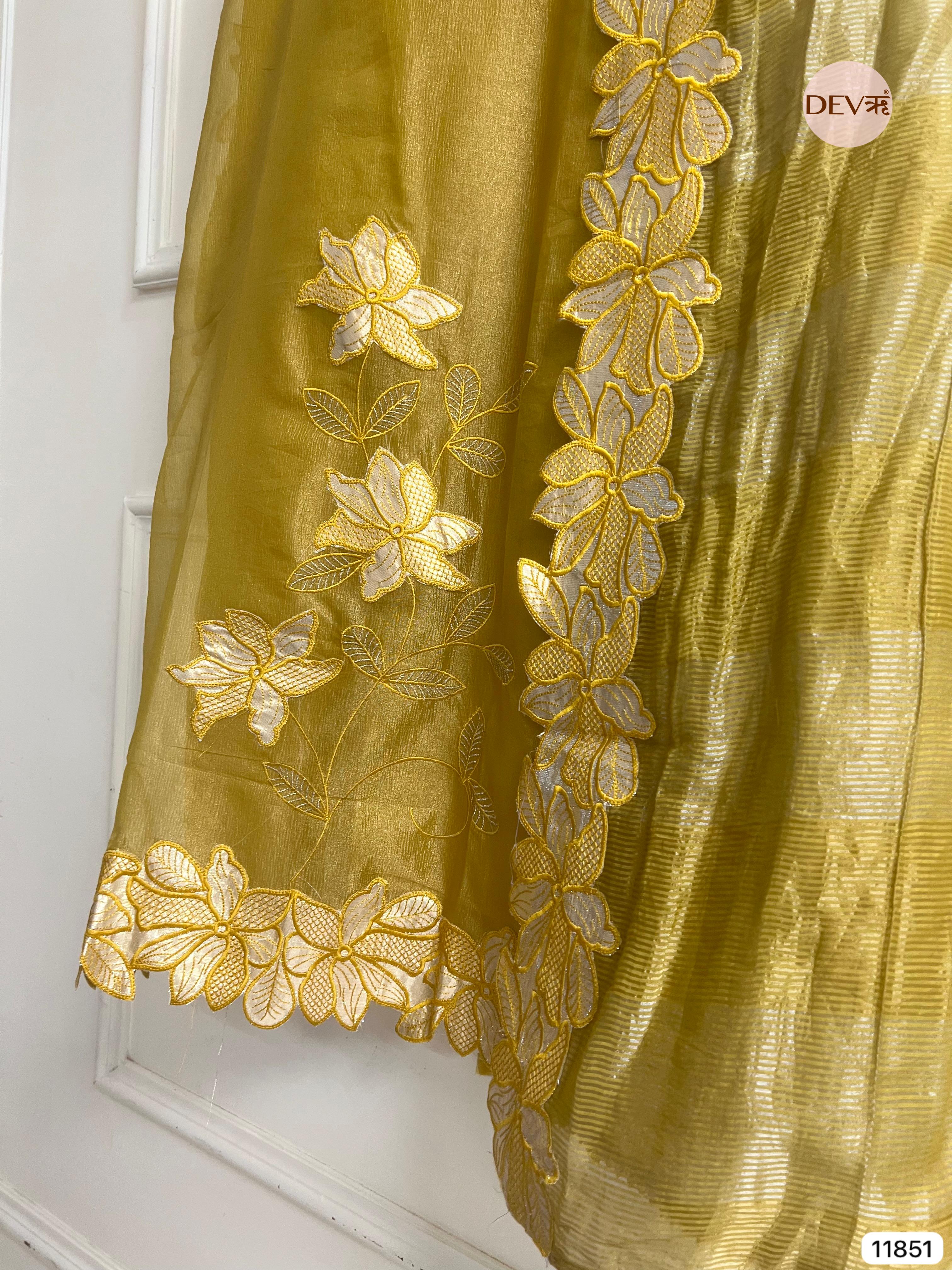 Golden Brown Tissue Silk Unstitched Embroidered -Set Of 3- {11851}