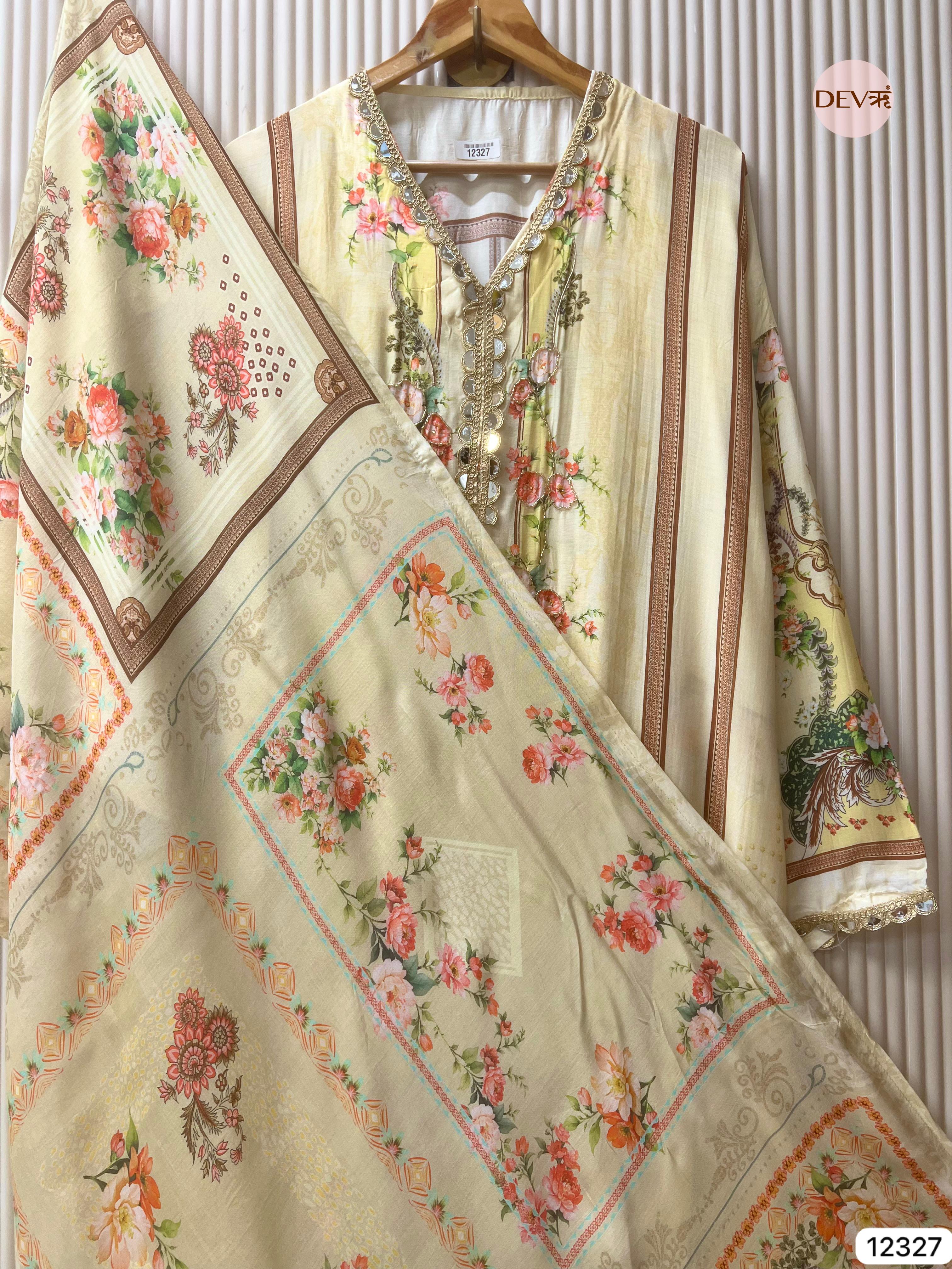 Soft Cream Muslin Printed Unstitched 3-Piece Suit (Devri – D.No 12327)