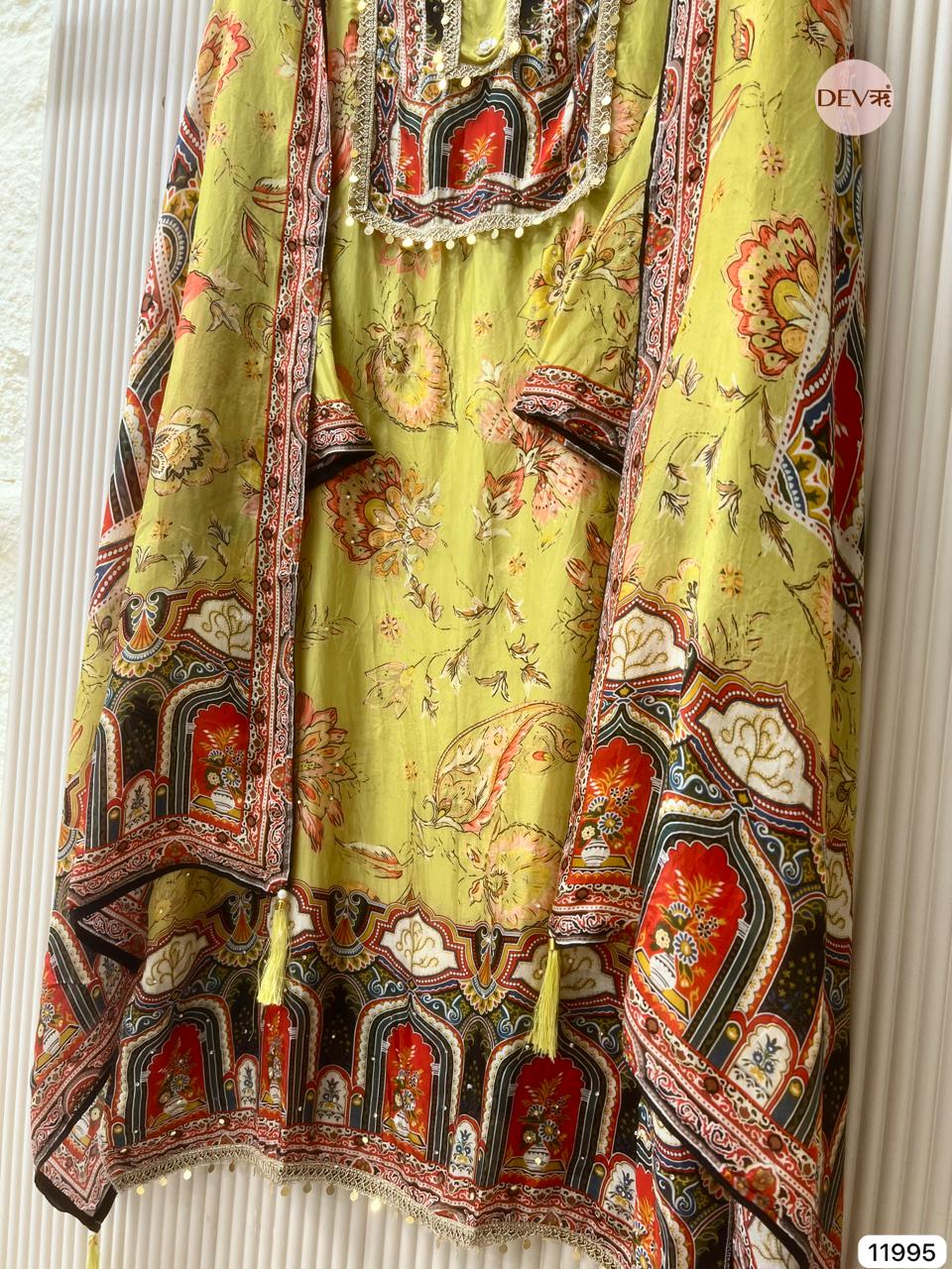 Green Soft Organza Silk Semi Stitched Pakistani Printed Hand Embroidered -Set Of 3 - {11995}