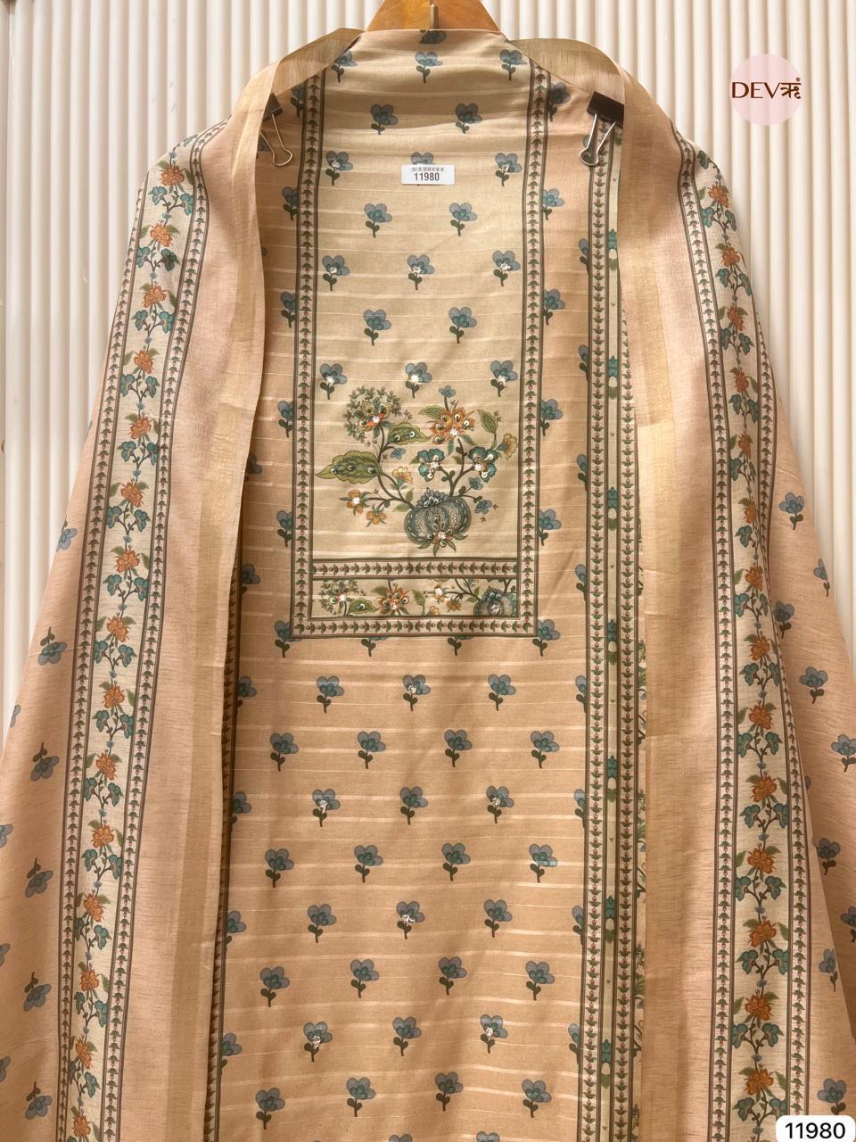 Beige Pure Tusser Silk Printed Unstitched 3-Piece Suit (Devri – D.No 11980)