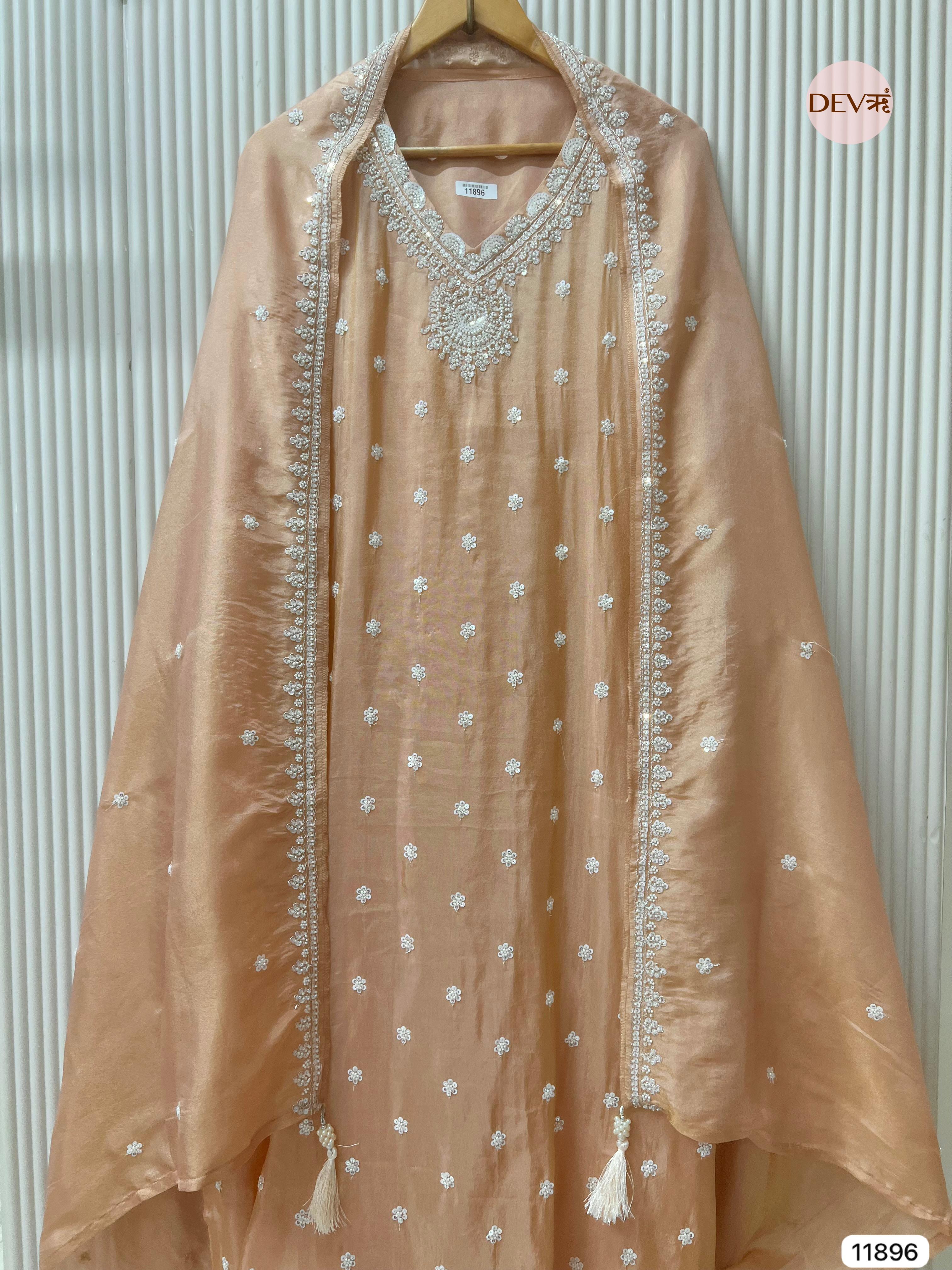 Light Orange Shimmer Tissue Silk Unstitched Embroidered -Set Of 3- {11896}