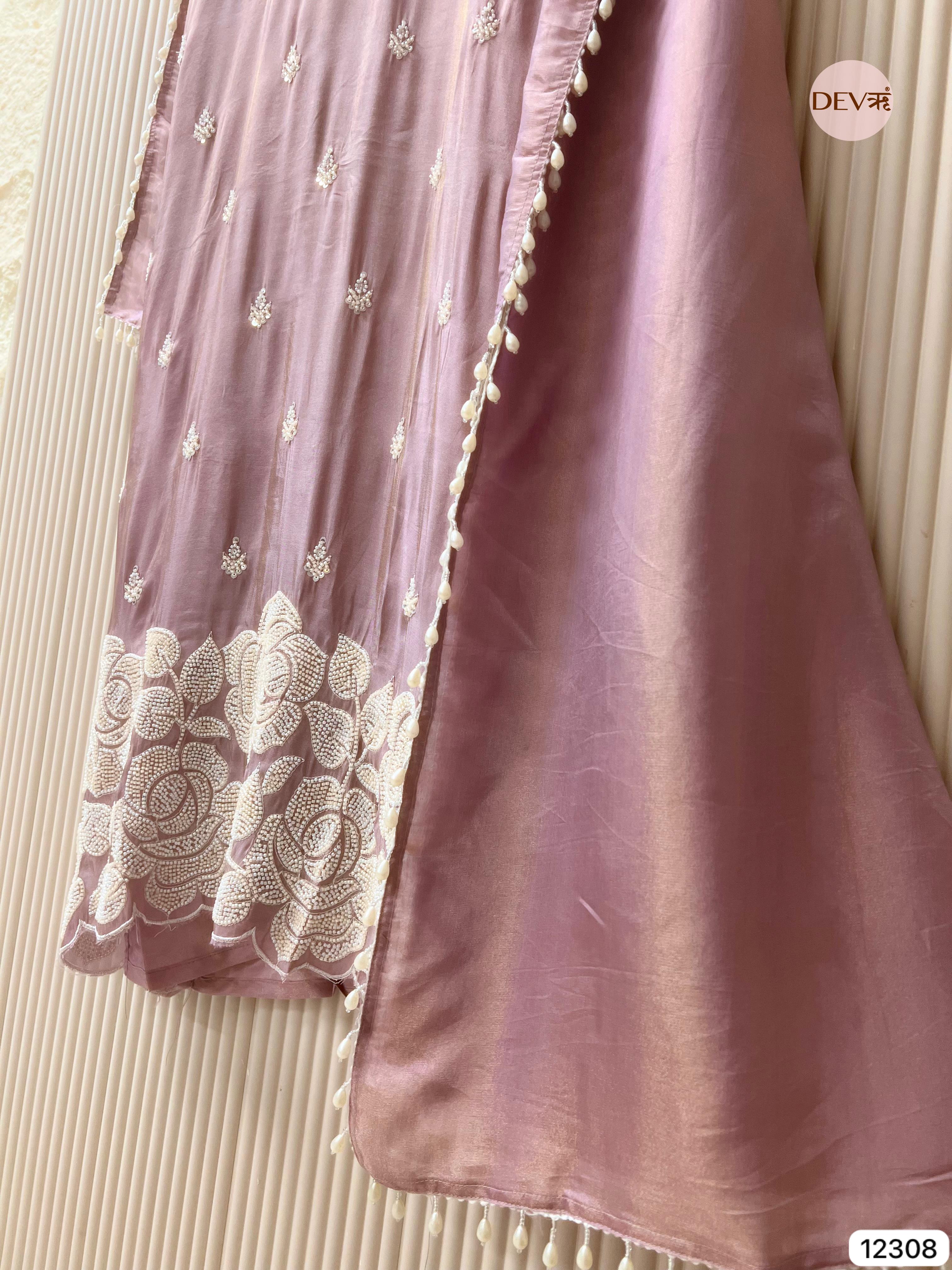 Dusty Mauve Shimmer Silk Embroidered Unstitched 3-Piece Suit (Devri – D.No 12308)