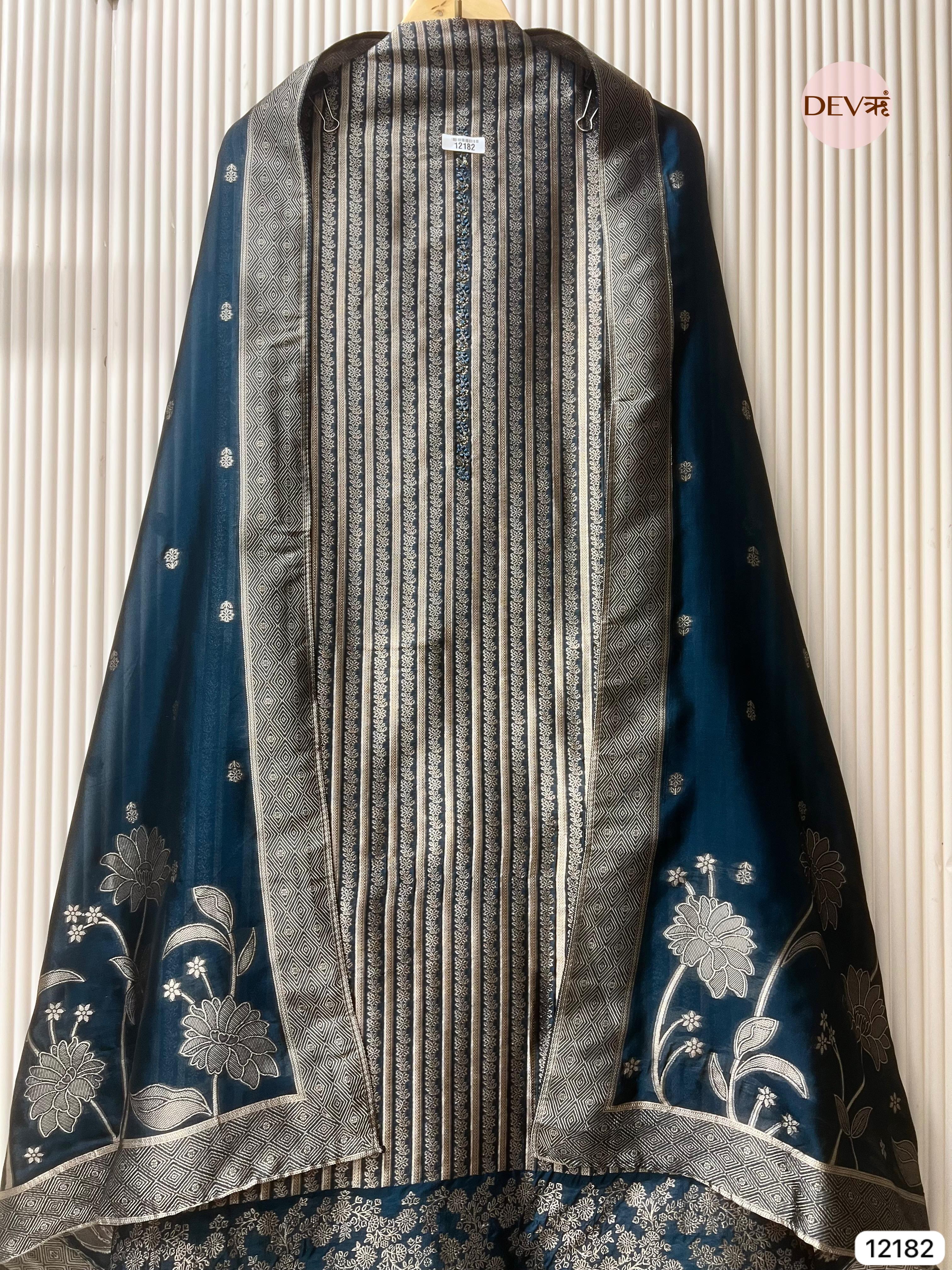 Blue Pure Banarasi Silk Unstitched Hand Embroidered-Set of 3 - {12182}