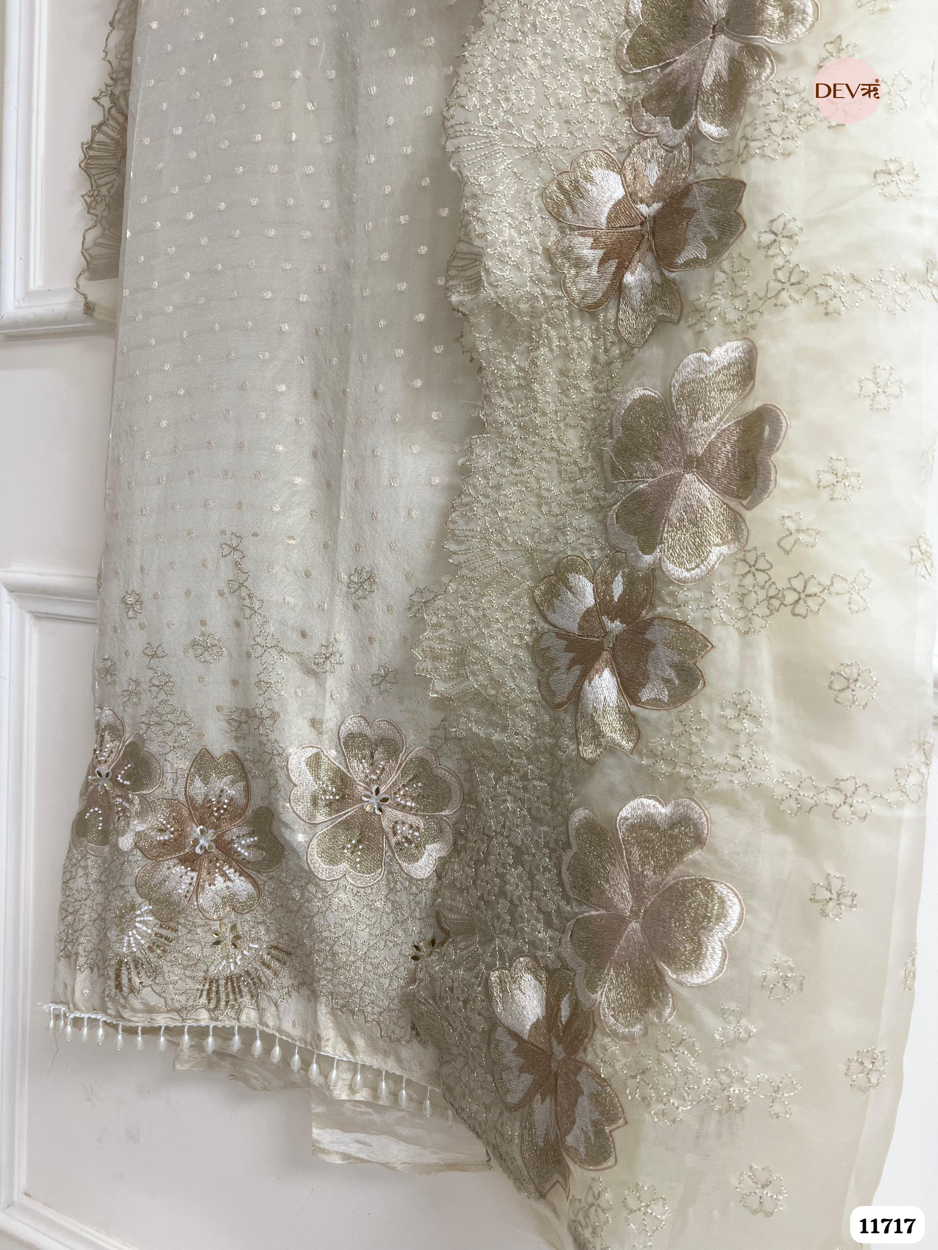 Off White Tissue Shimmer Silk Unstitched Embroidered -Set Of 3- {11717}