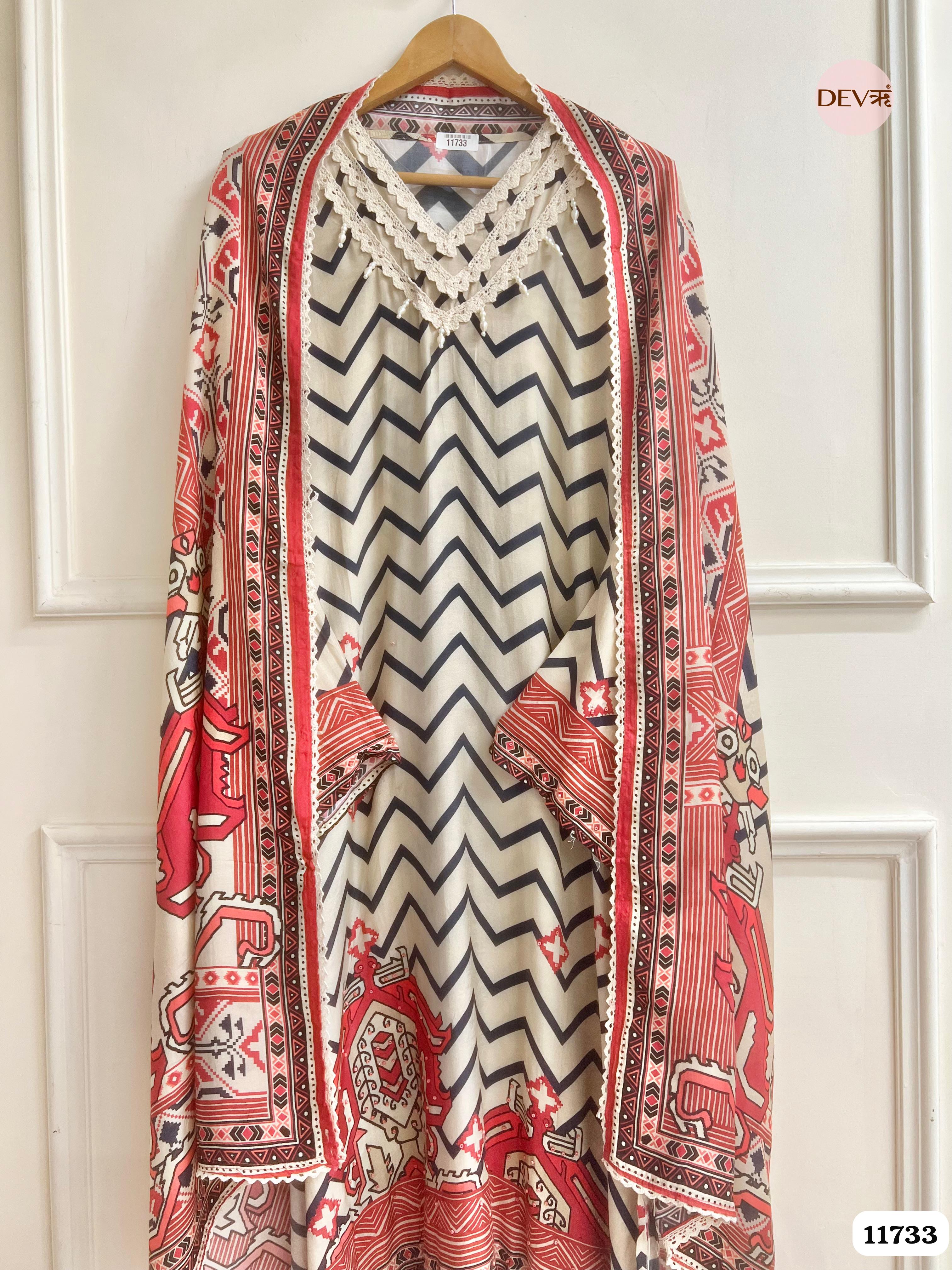 Multi Colour Muslin Semi Stitched Printed With Crocia Laces Work -Set Of 3 {11733}