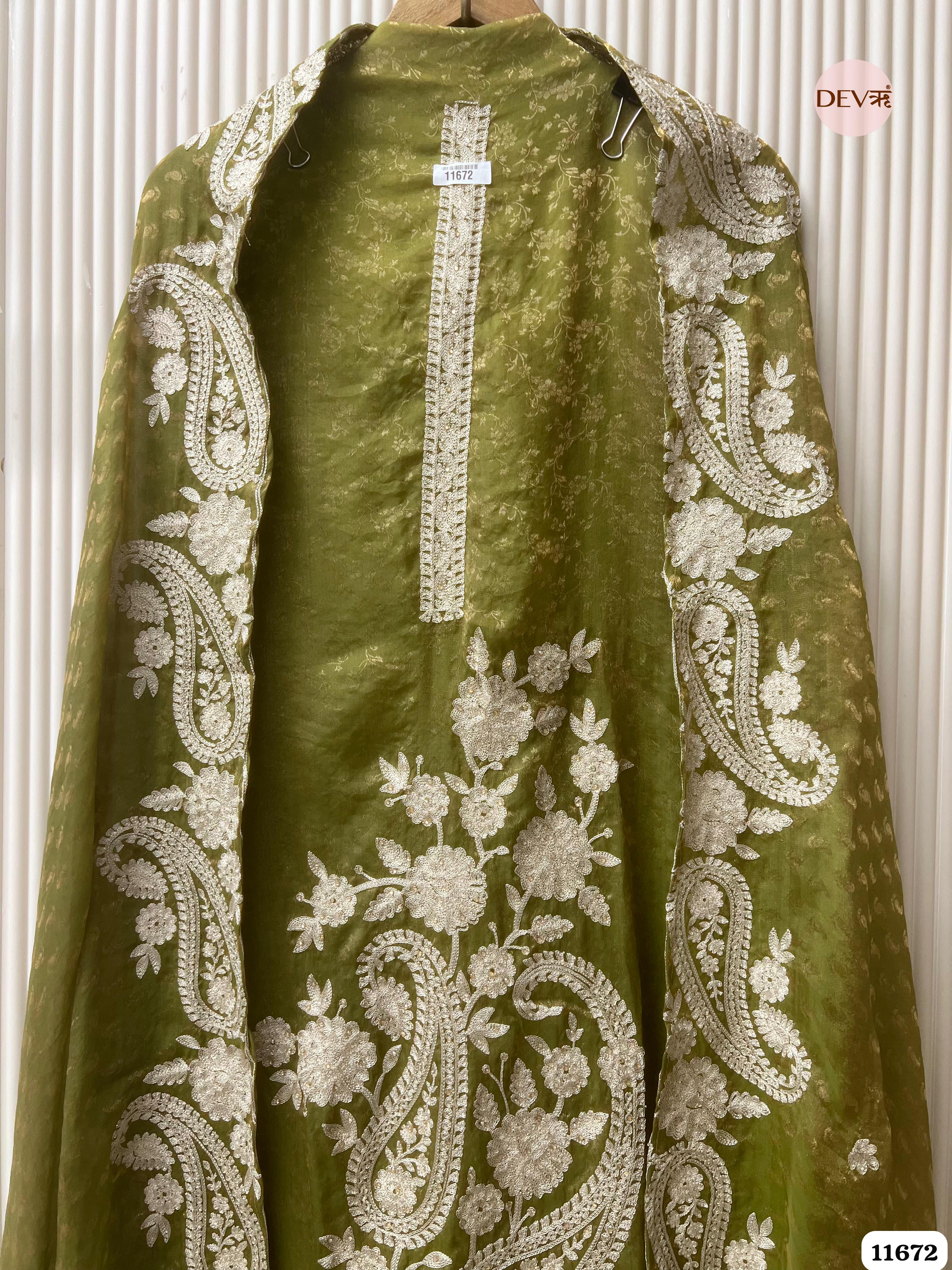 Green Tissue Silk Unstitched Embroidered -Set Of 3 {11672}