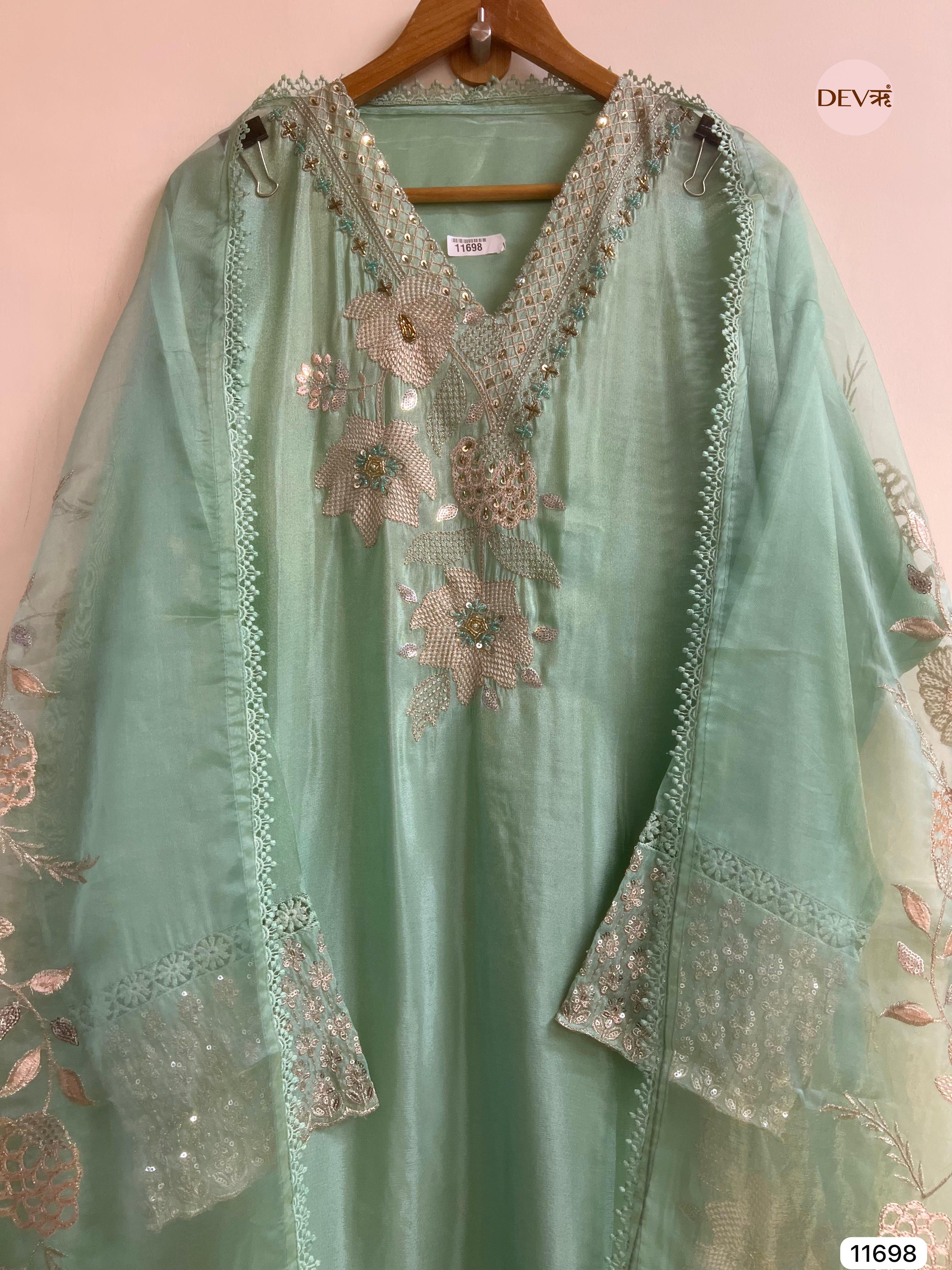 Green Tissue Shimmer Silk Semi Stitched Hand Embroidered -Set Of 3- {11698}