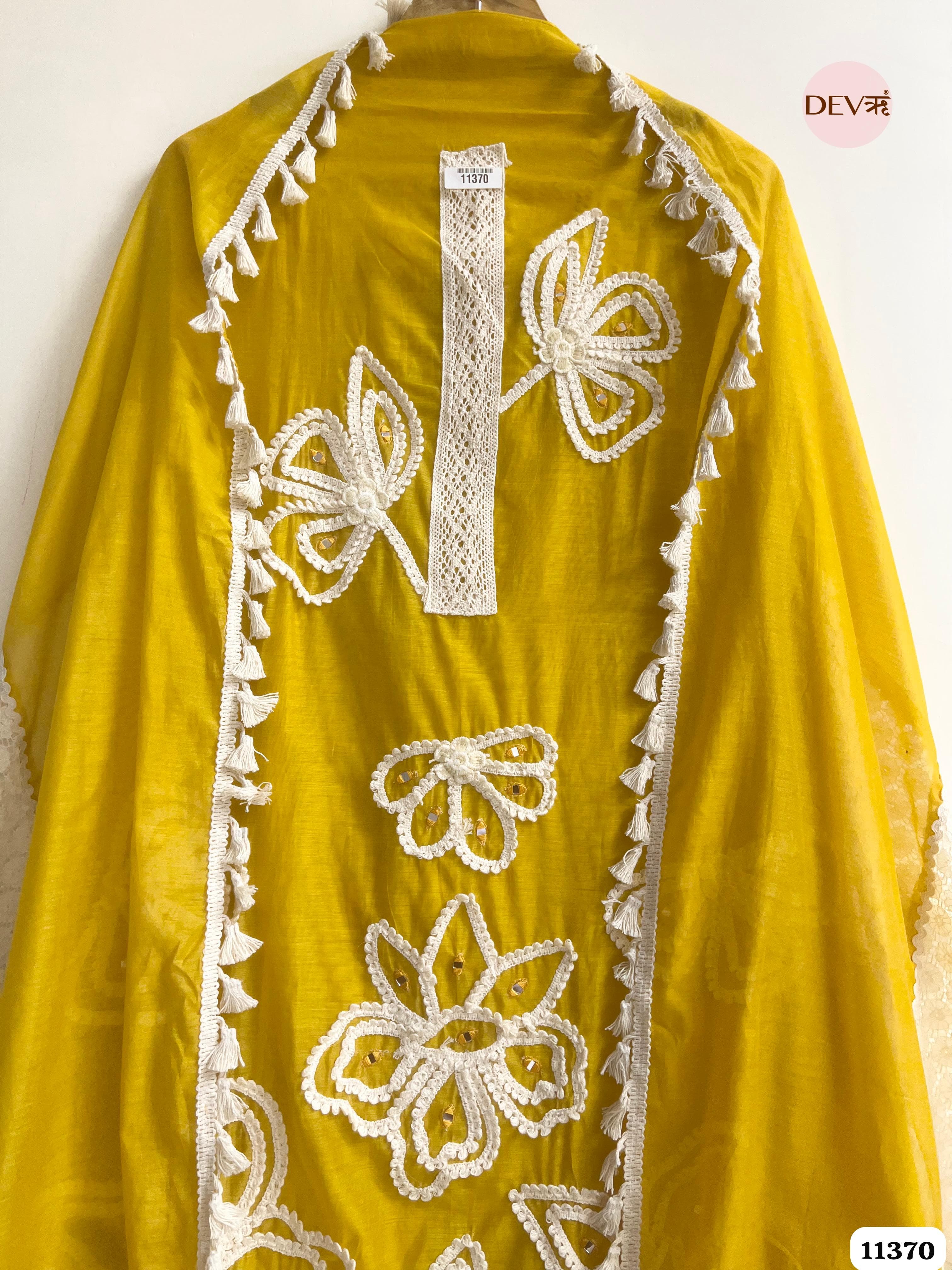 Yellow Mul Chanderi Unstitched Embroidered -Set Of 3 {11370}