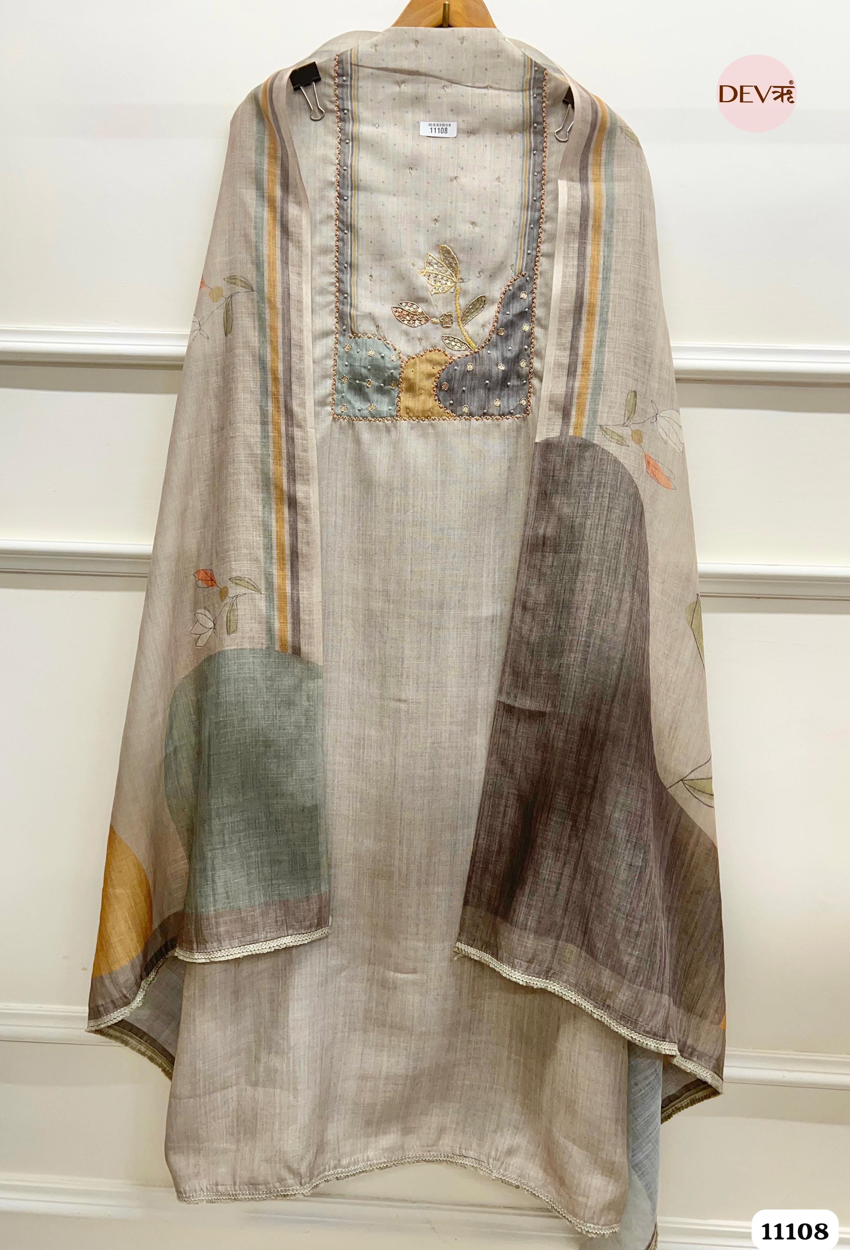 Grey Linen Unstitched Printed Hand Embidered -Set Of 3 {11108}