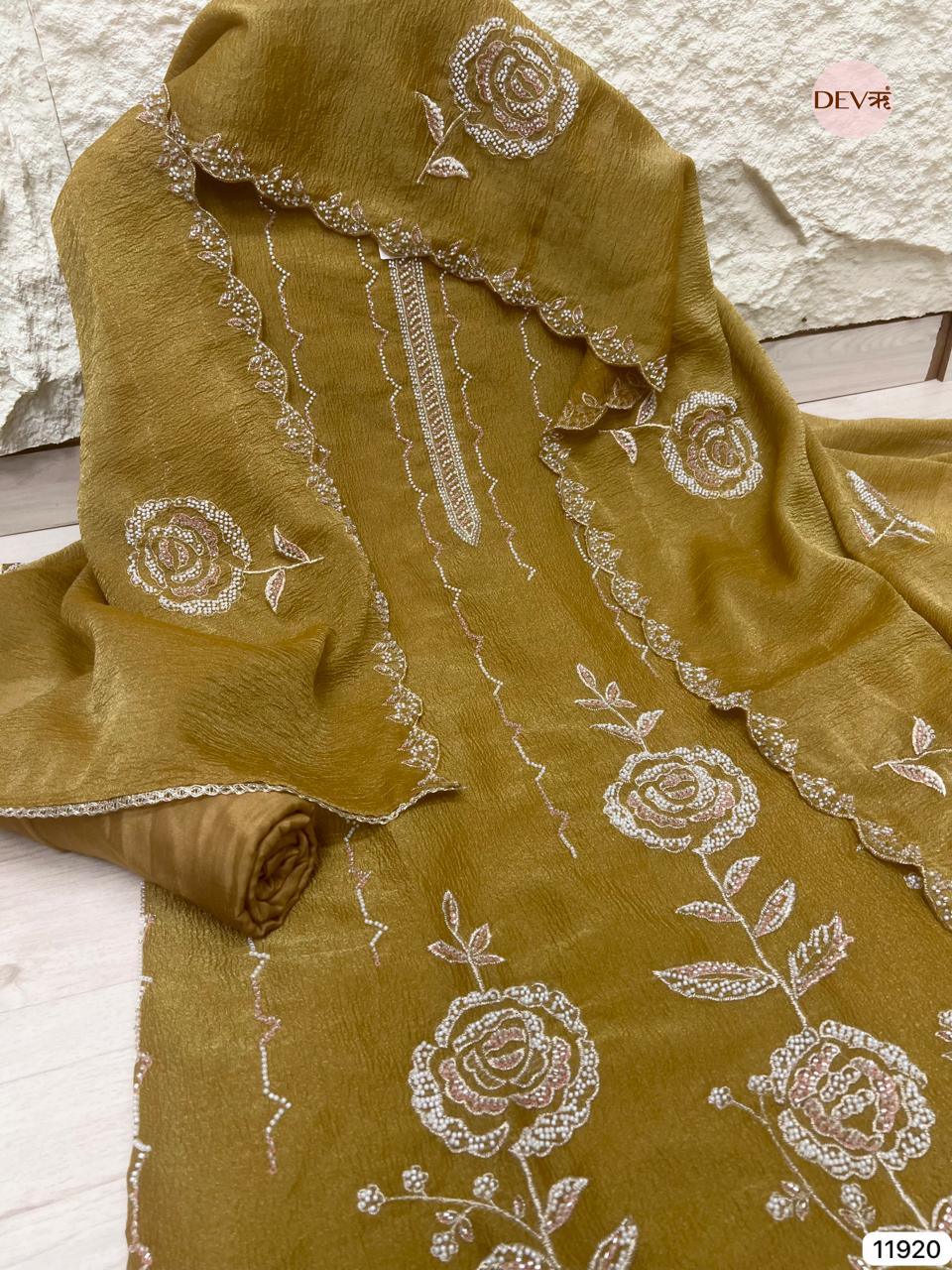 Yellow Pure Tissue Crush Unstitched Hand Embroidered -Set Of 3 - {11920}