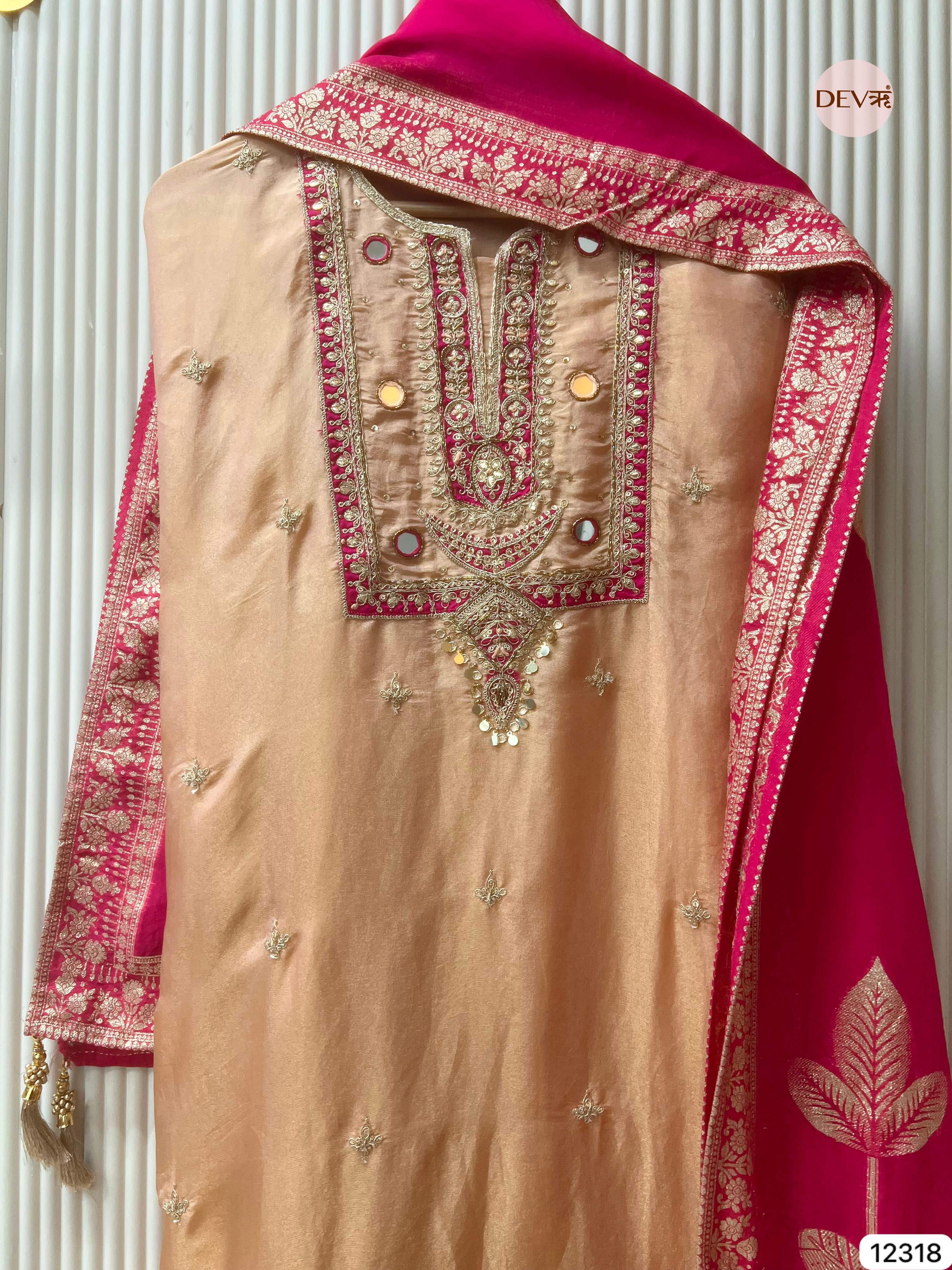 Champagne Gold Shimmer Silk Embroidered Unstitched 3-Piece Suit (Devri – D.No 12318)