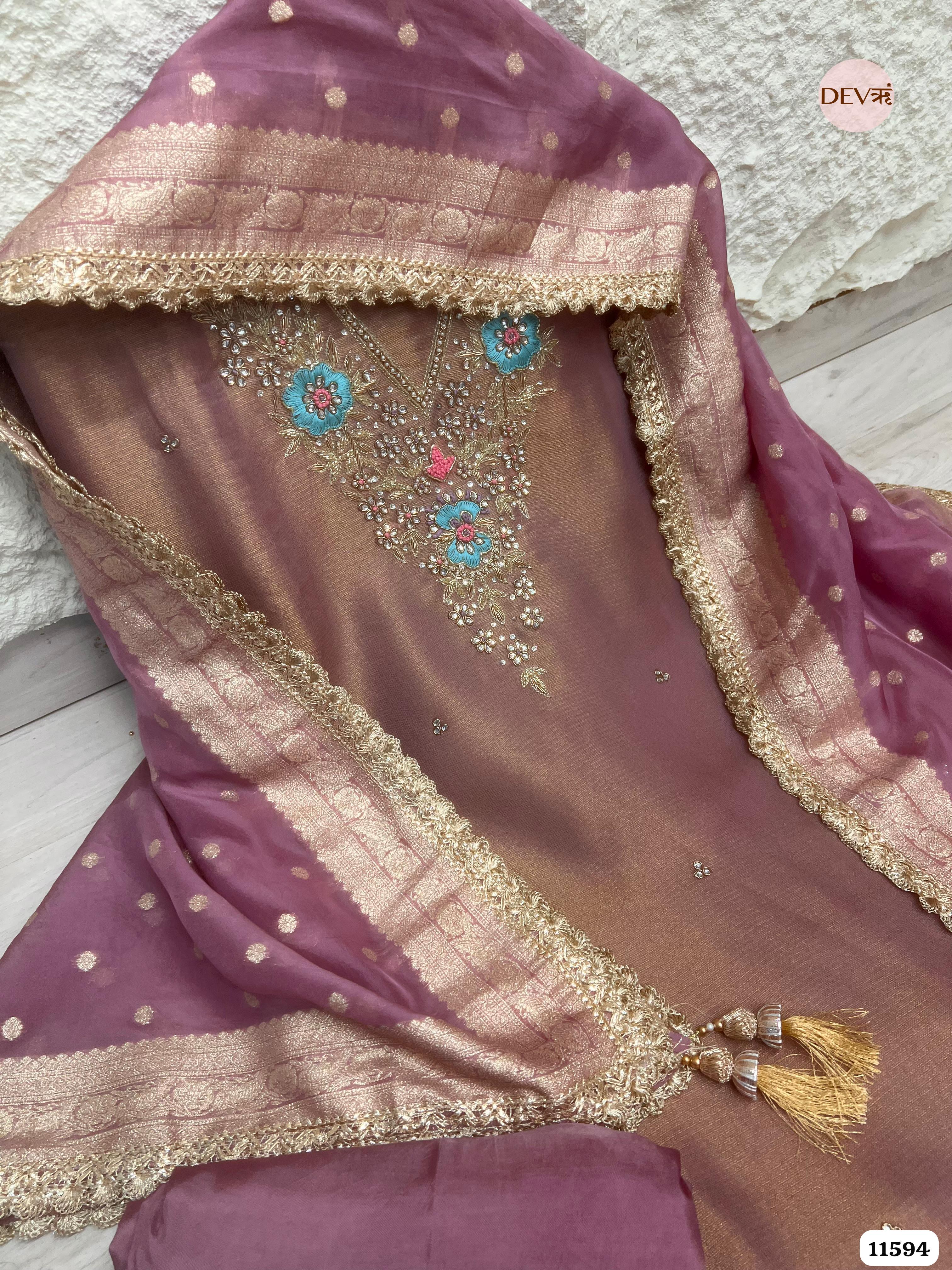 Light Brown Pure Tissue Silk Unstitched Hand Embroidered -Set Of 3 {11594}