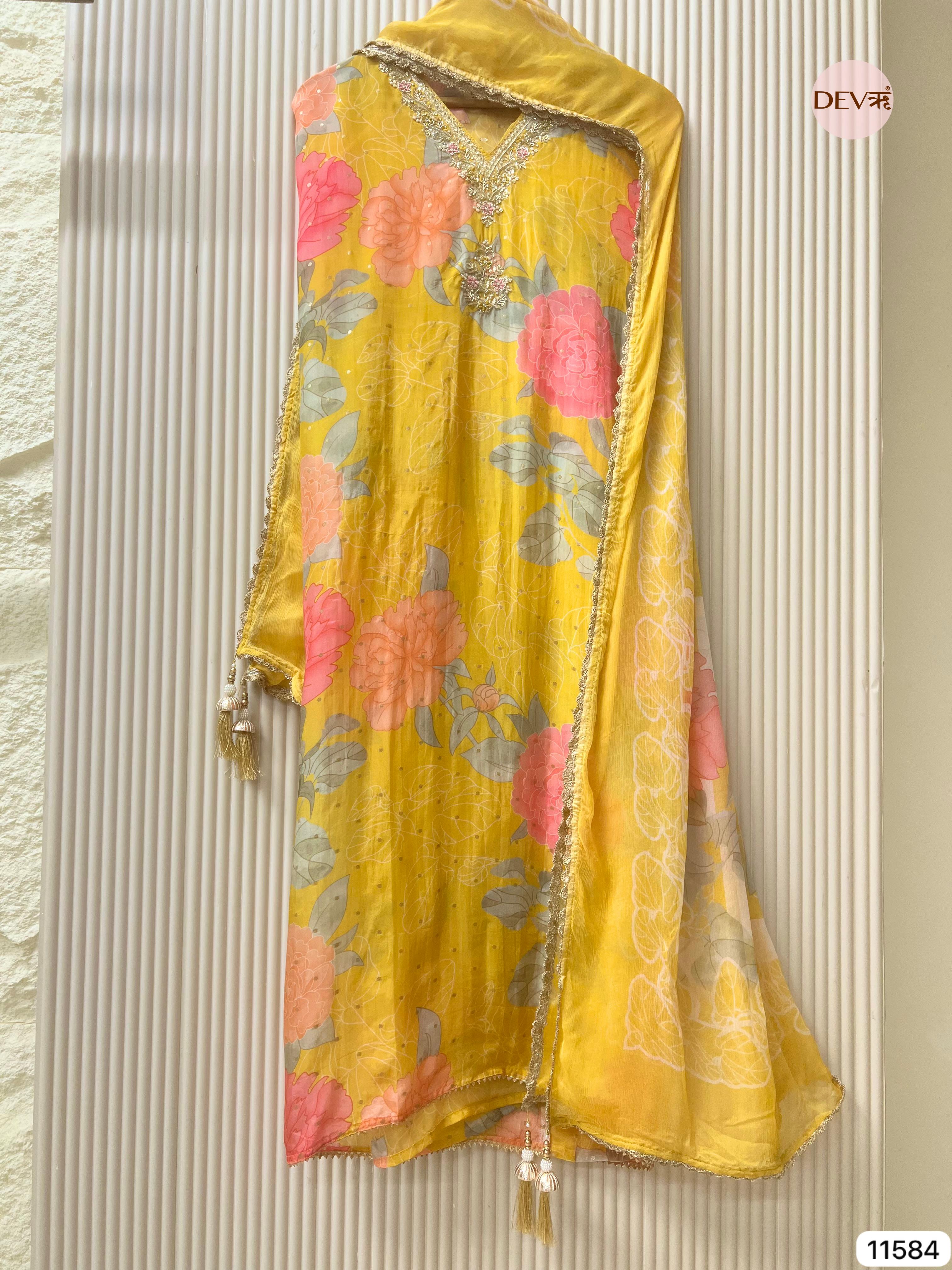 Sunlit Yellow Glass Organza Floral Unstitched 3-Piece Suit (Devri – D.No 11584)