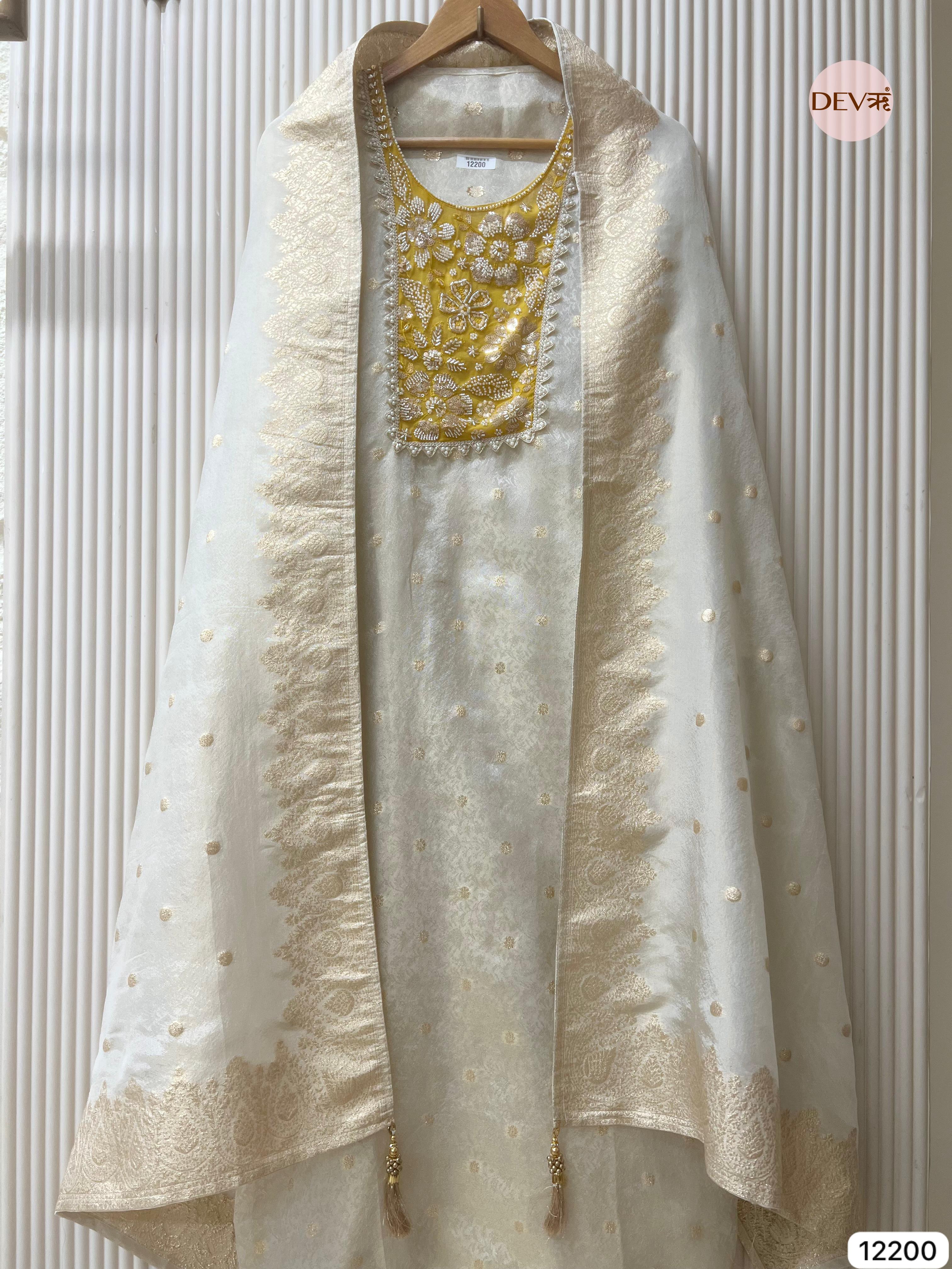 Off white Pure Shimmer Silk Unstitched Banarasi Woven -Set Of 3- {12200}