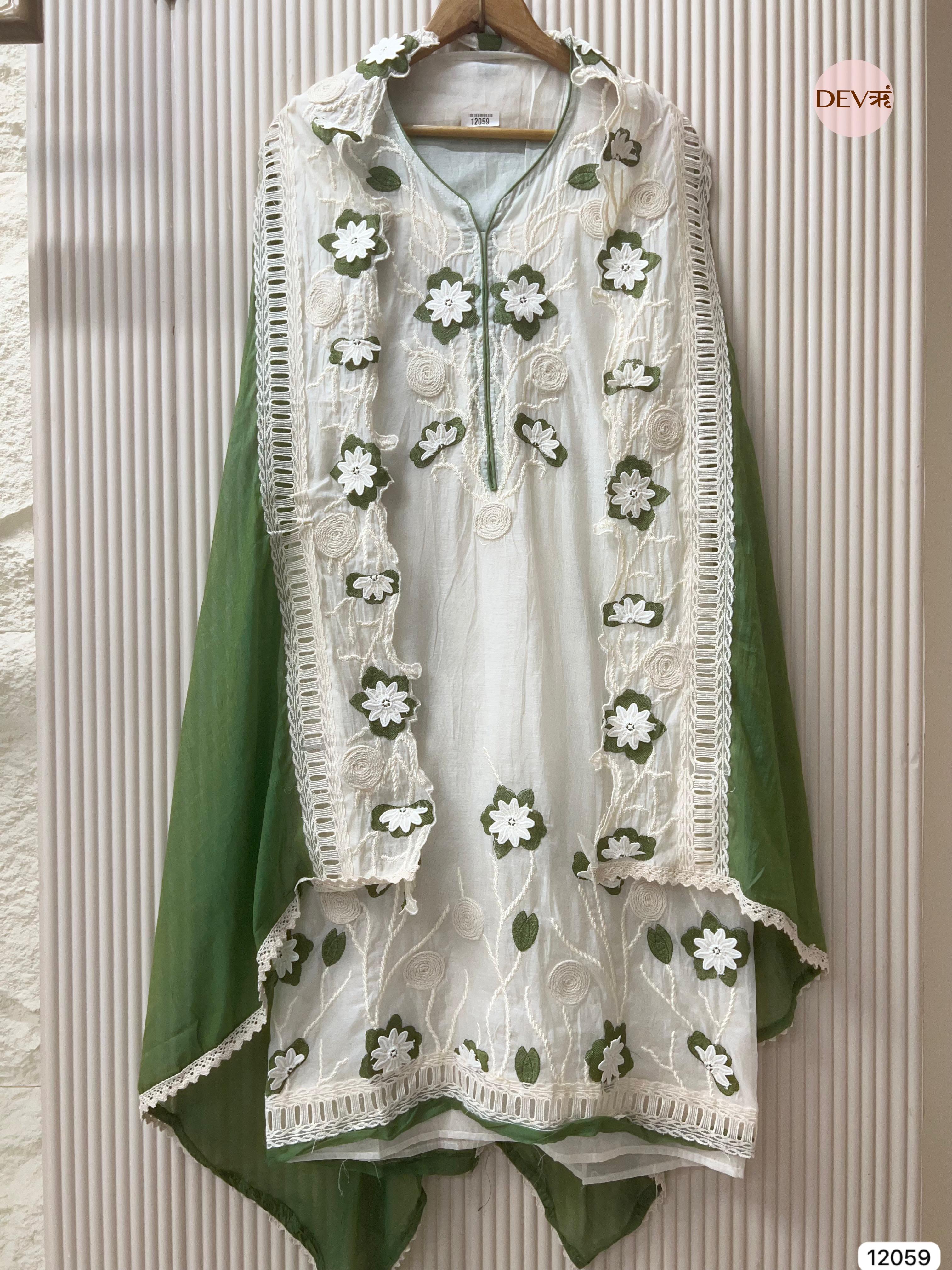 White Mul Chanderi Unstitched With Hand Embroidered -Set Of 3 - {12059}