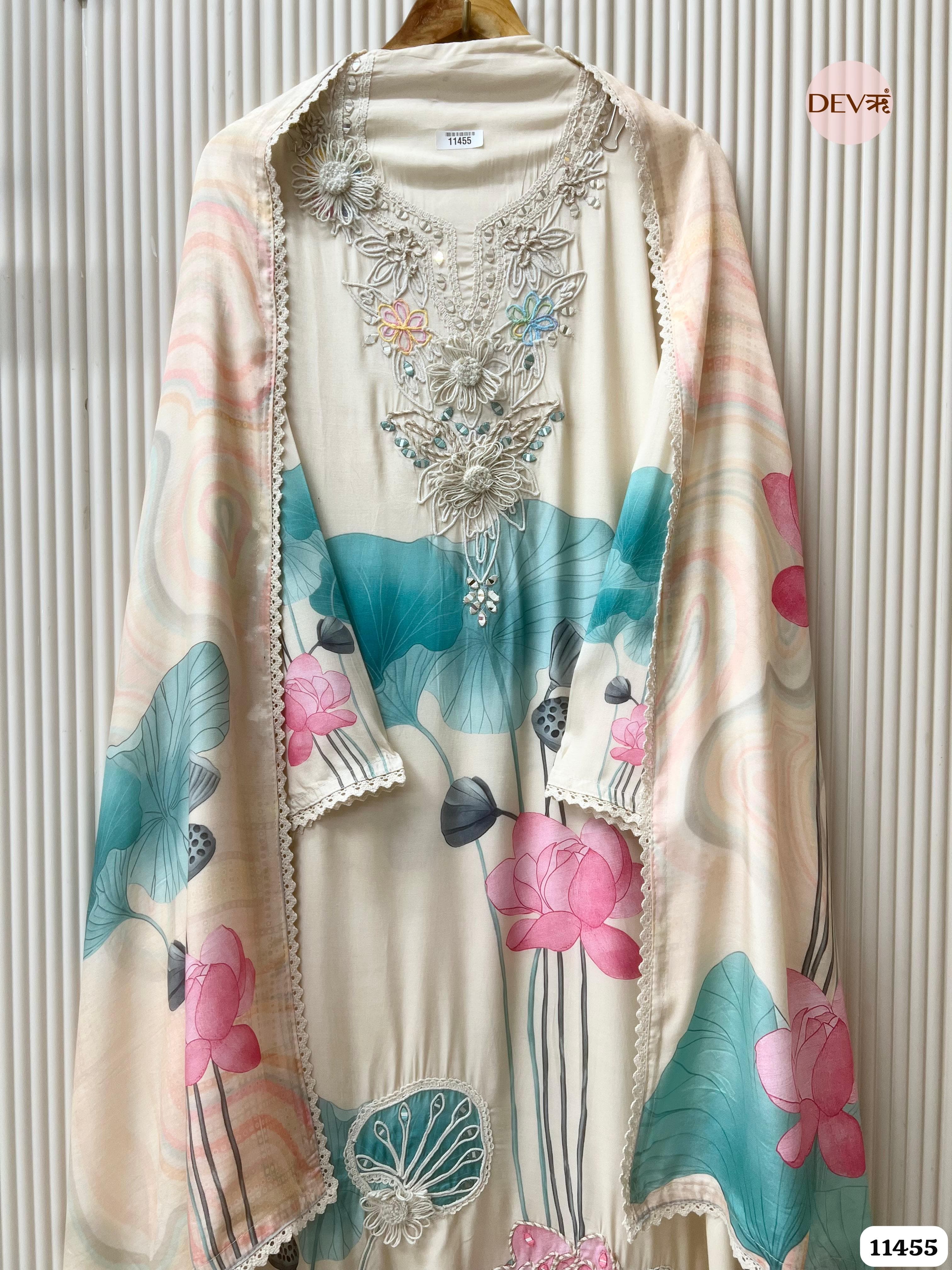 Off-White Or Cream Muslin Printed Semi - Stitched Hand Embroidered -Set Of 3 {11455}