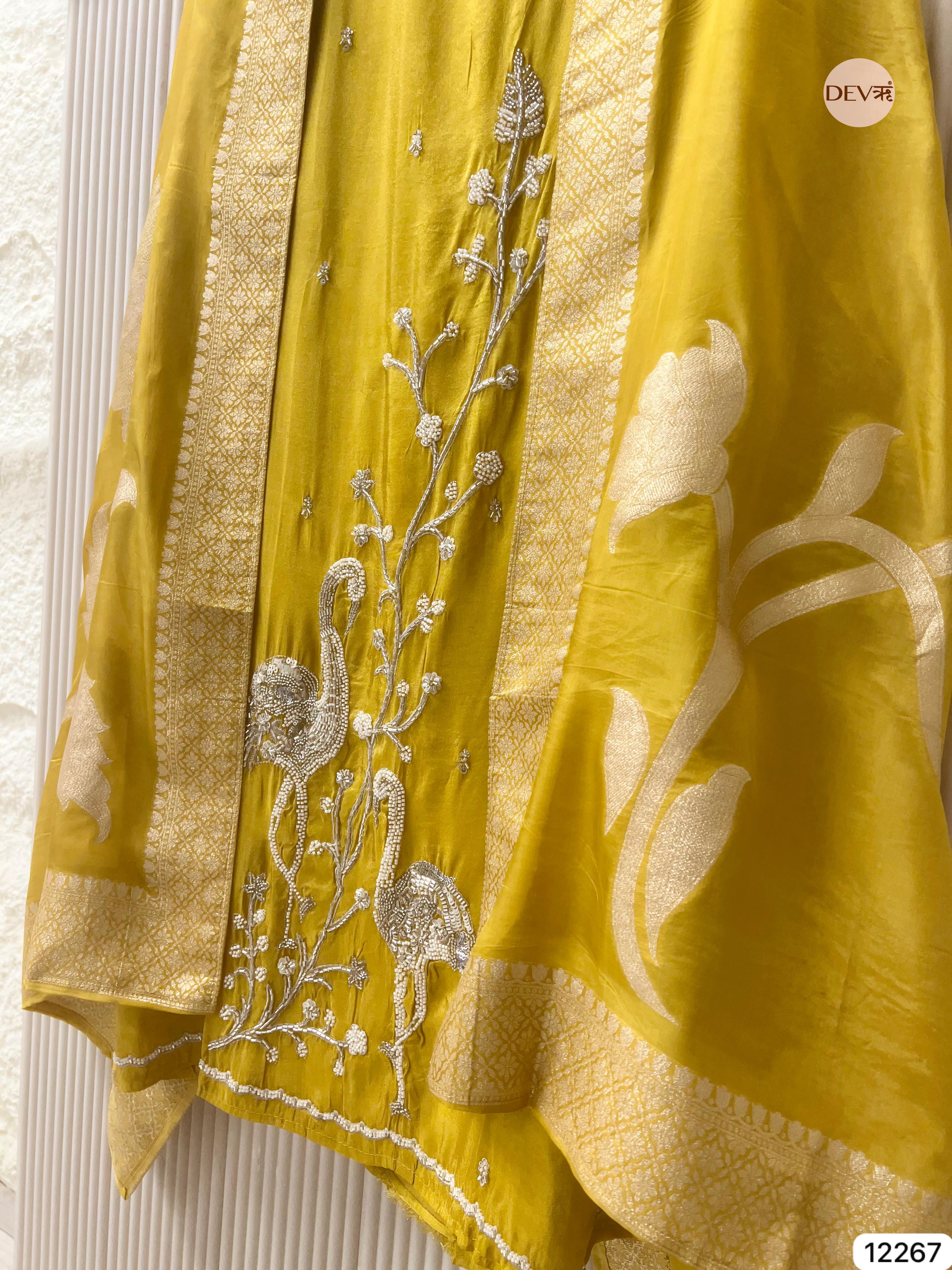 Mustard Shimmer Silk Embroidered Unstitched 3-Piece Suit (Devri – D.No 12267)