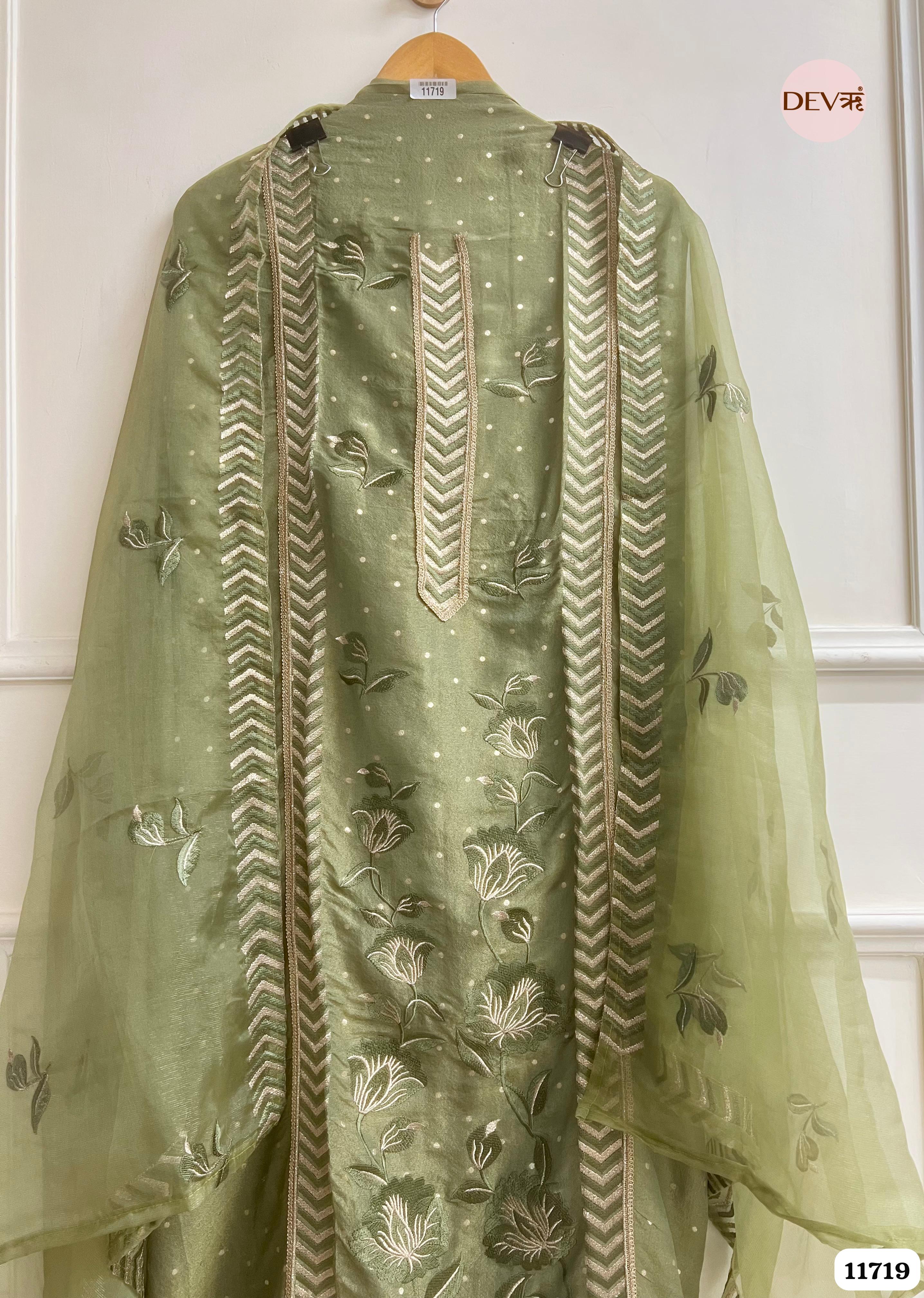 Green Tissue Shimmer Unstitched Embroidered -Set Of 3 {11719}