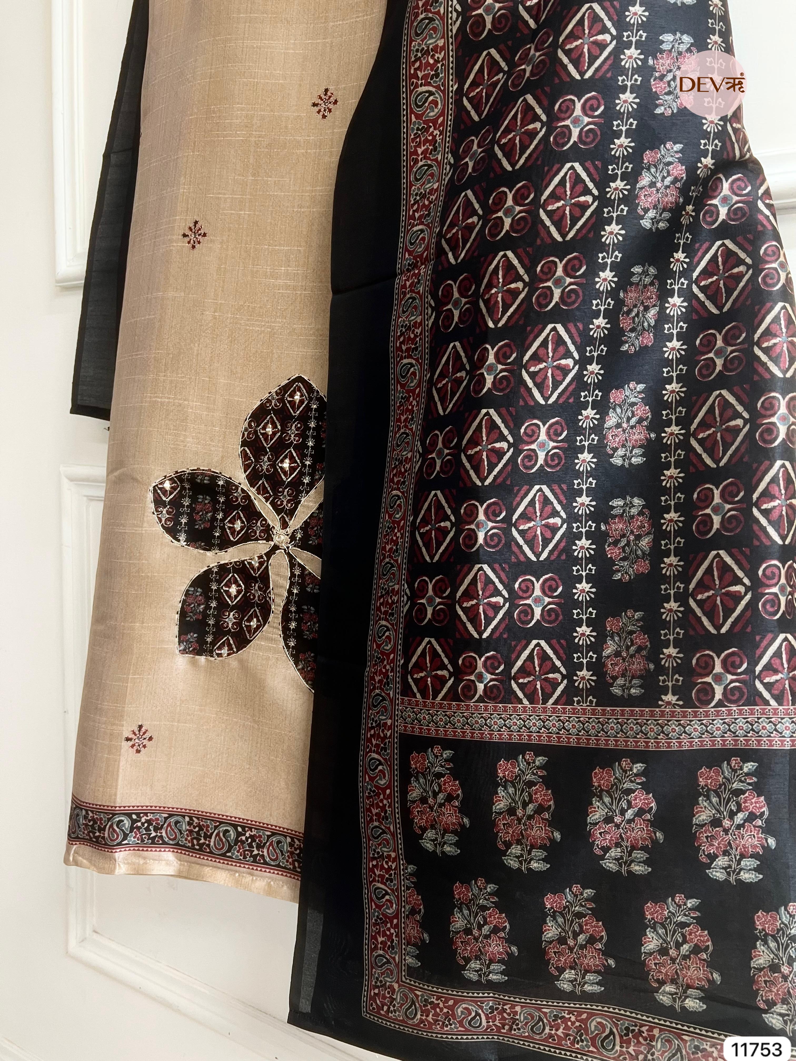 Beige colour Raw Silk Unstitched Hand Applique Work Embroidered -Set Of 3 - {11753}