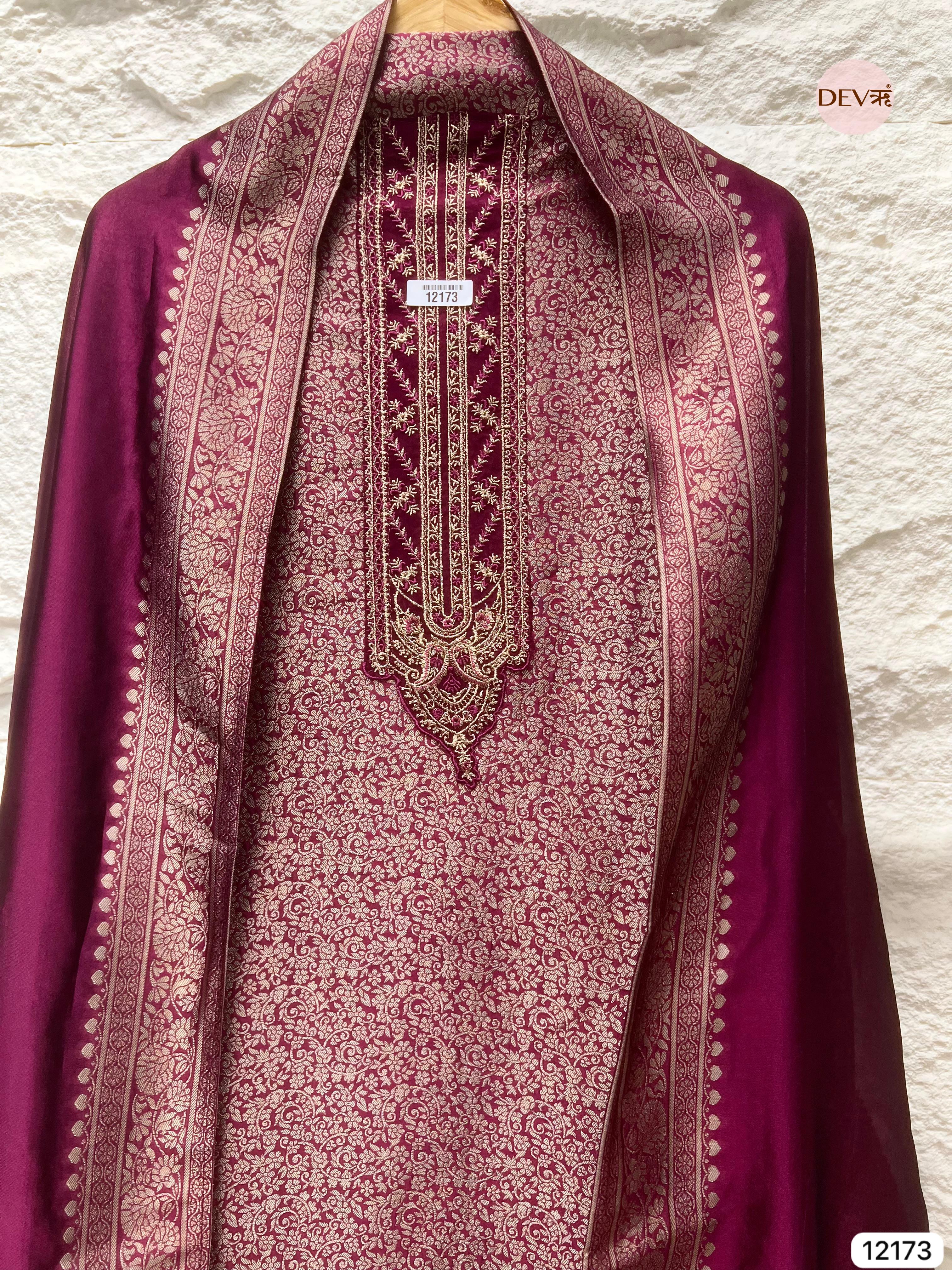 Dark Magenta Pure Banarasi silk Unstitched Hand Embroidered -Set Of 3 - {12173}