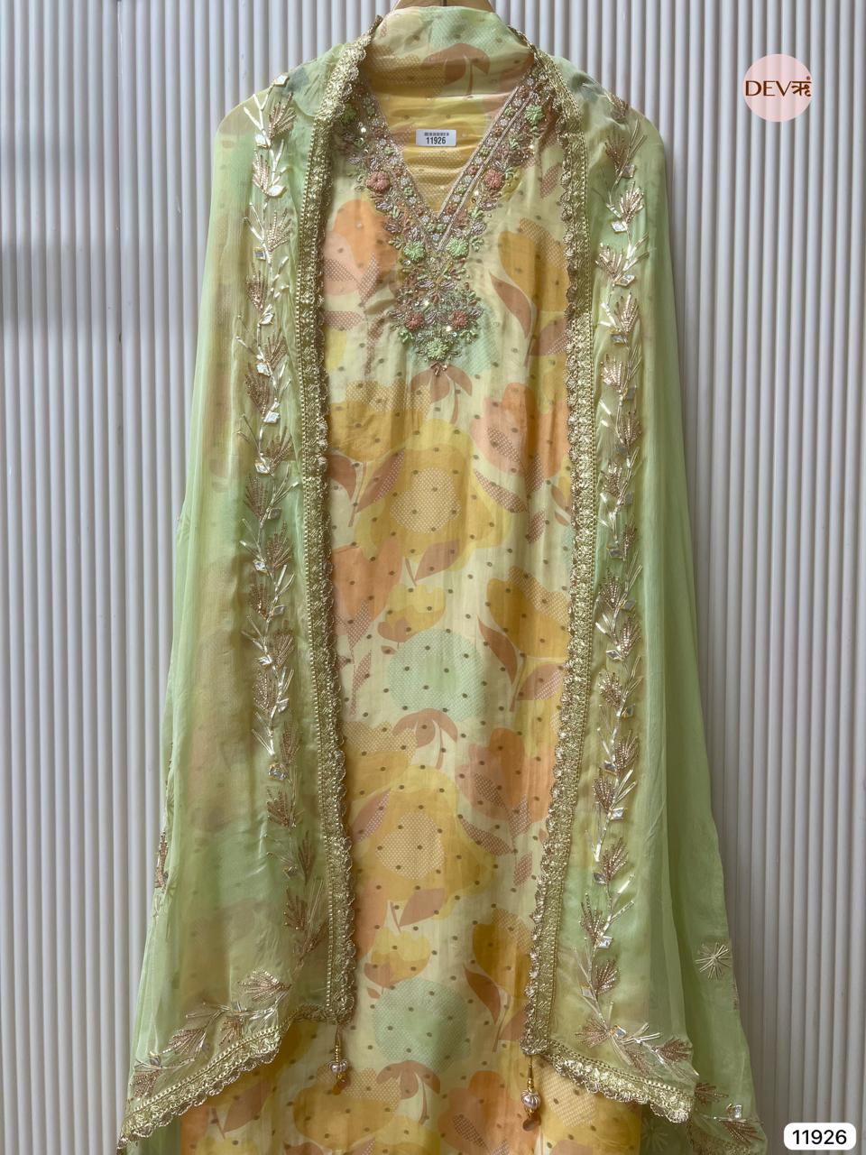 Light Green Glass Tissue Silk Unstitched Printed Hand Embroidered -Set Of 3 - {11926}