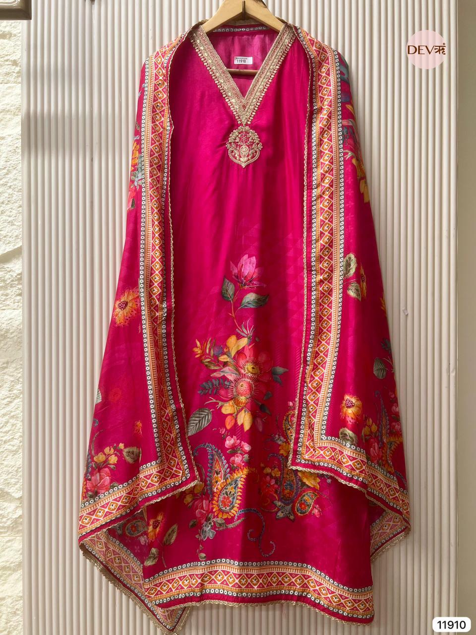 Magenta Russian Silk Printed Unstitched 3-Piece Suit (Devri – D.No 11910)