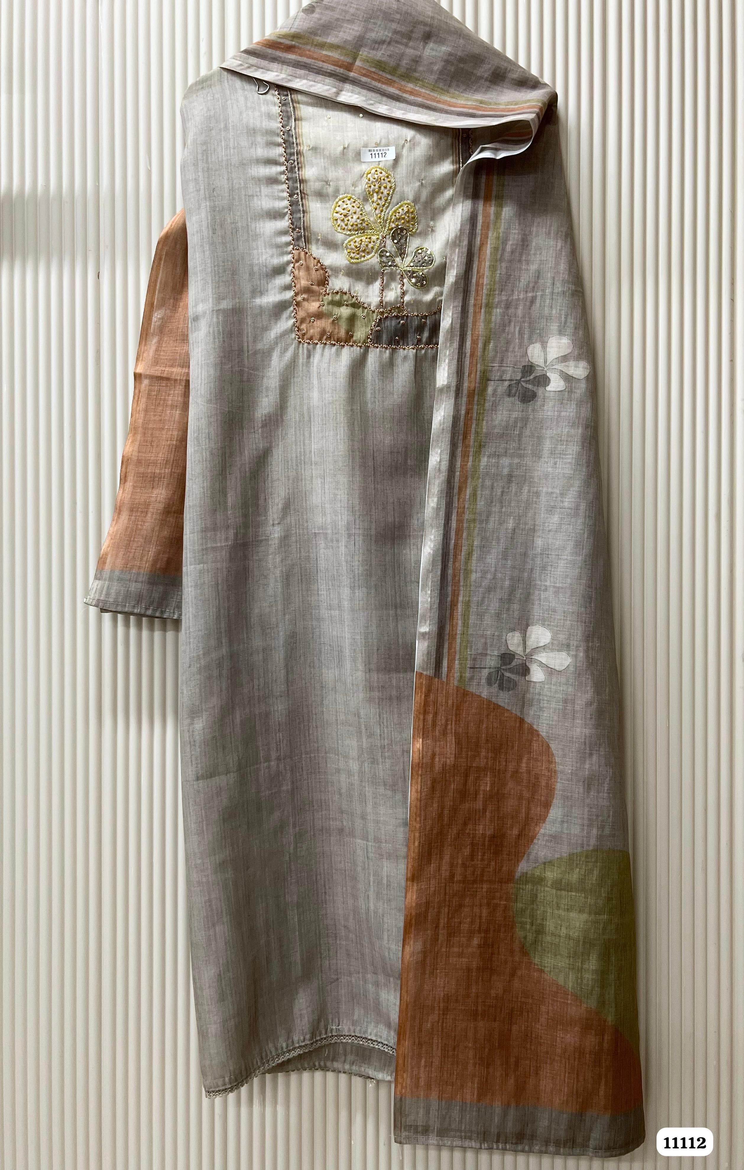 Grey Linen Printed Unstitched Hand Emboidered-Set Of 3 {11112}
