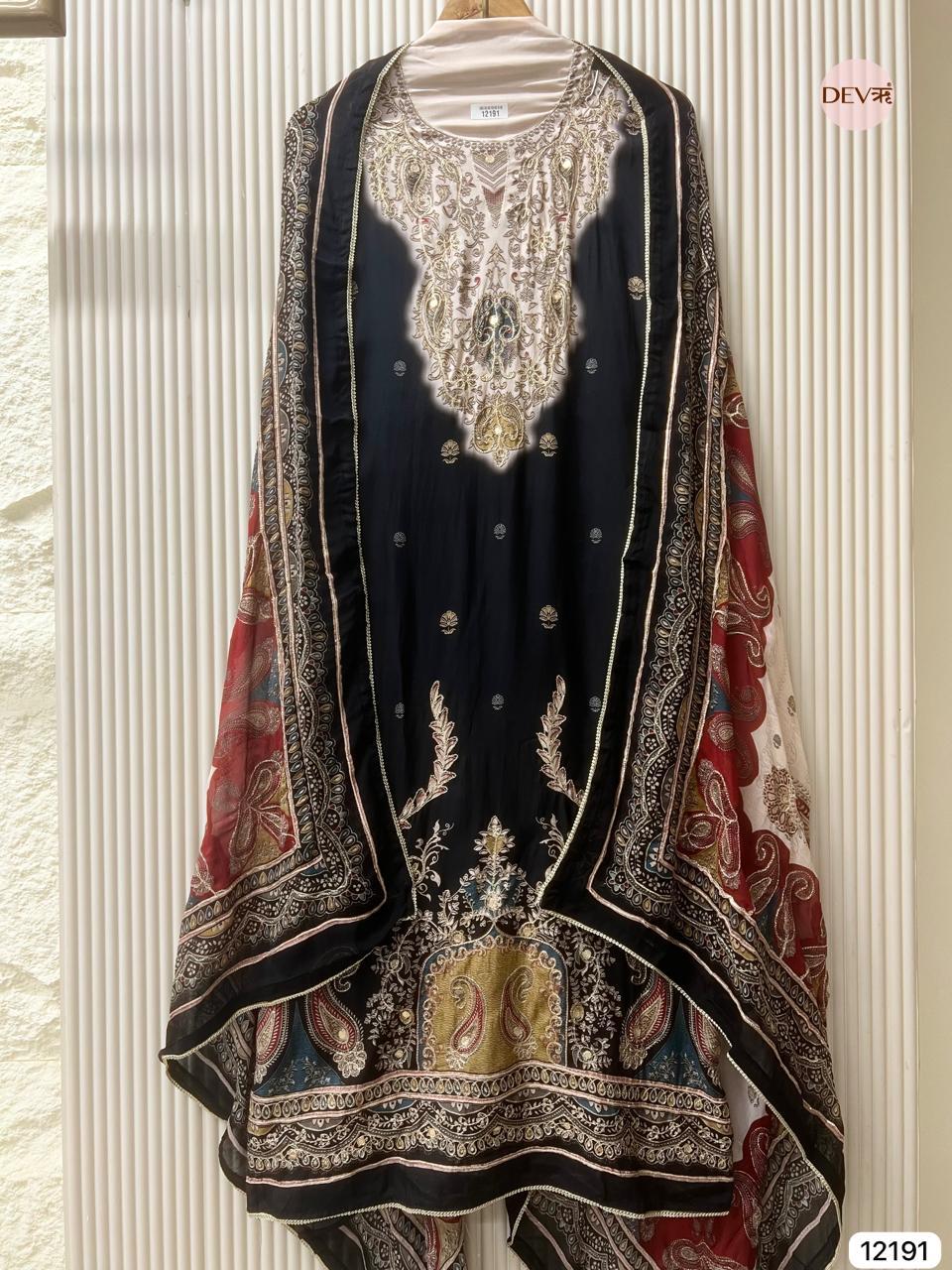 Black Muslin Embroidered Unstitched 3-Piece Suit (Devri – D.No 12191)